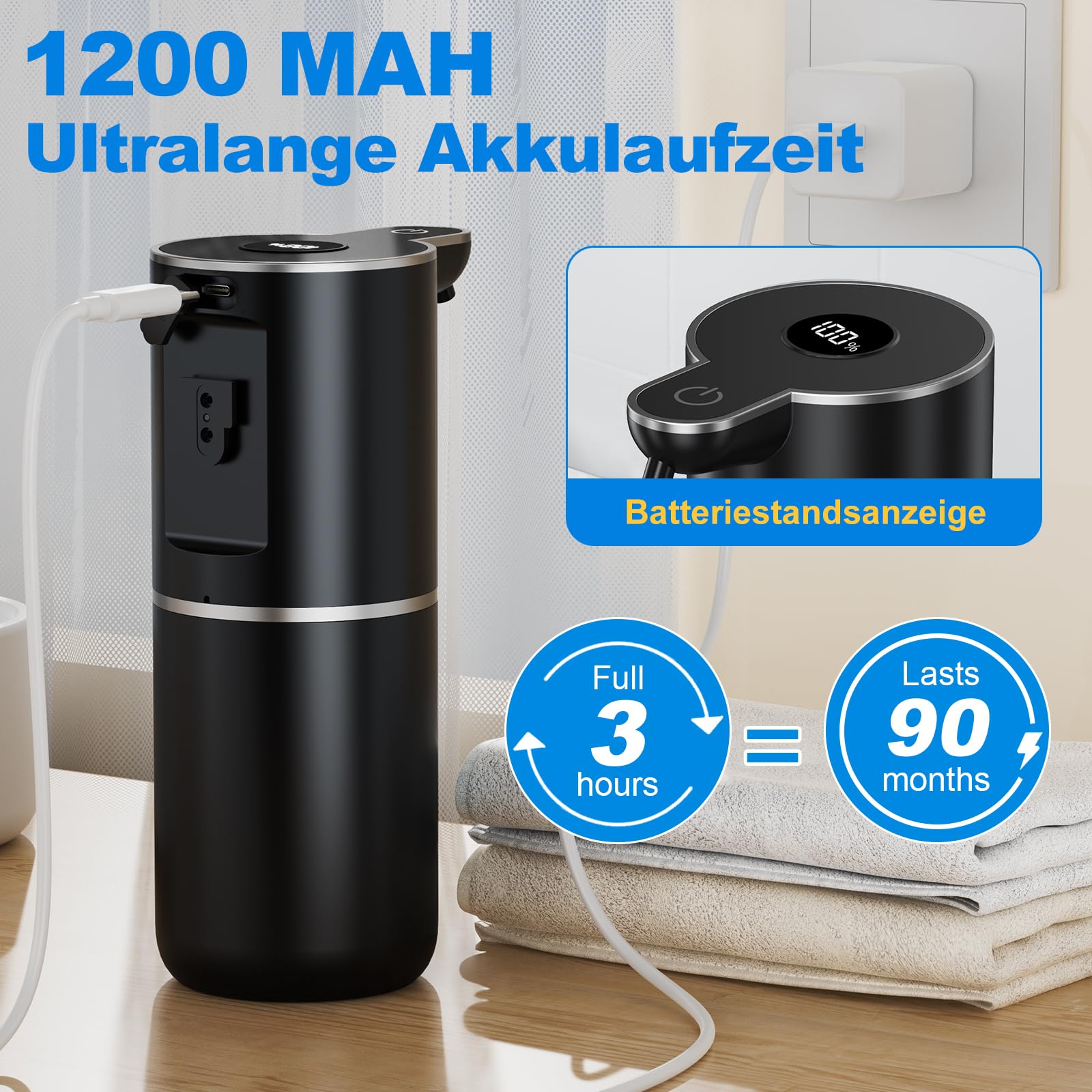 Fantictas Seifenspender Automatisch, Elektrischer Schaumseifenspender mit Display, USB-Wiederaufladbarer,6-Stufig Einstellbar, 380ml Wandmontage für Badezimmer/Küche/Geschirrspülmittel, Schwarz