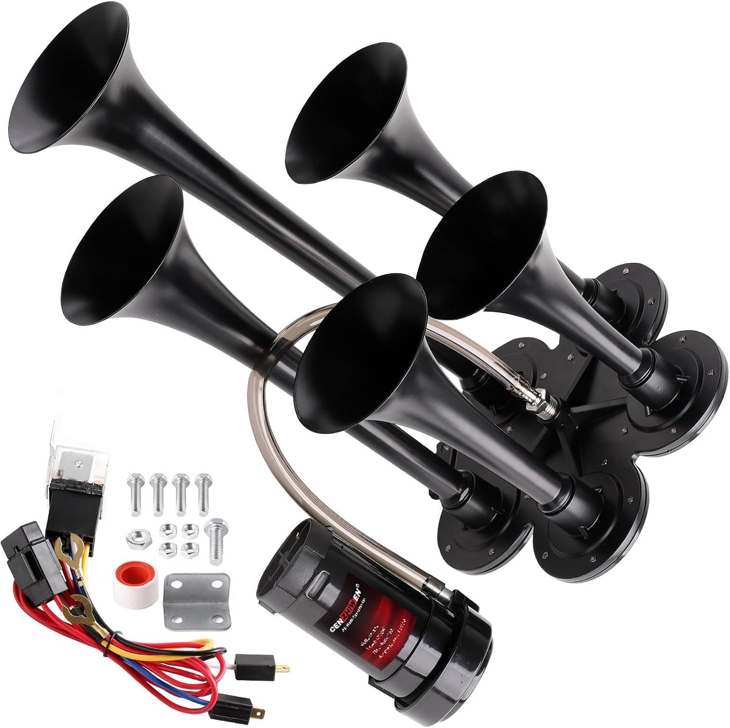 5-Trumpet Metal Train horn kit 150dB ultra loud,Heavy-Duty Air horn with Upgraded 12V compressor is suitable for pickup/motorhome/SUV/truck/train 12V 150db and other large vehicles (5 speakers)