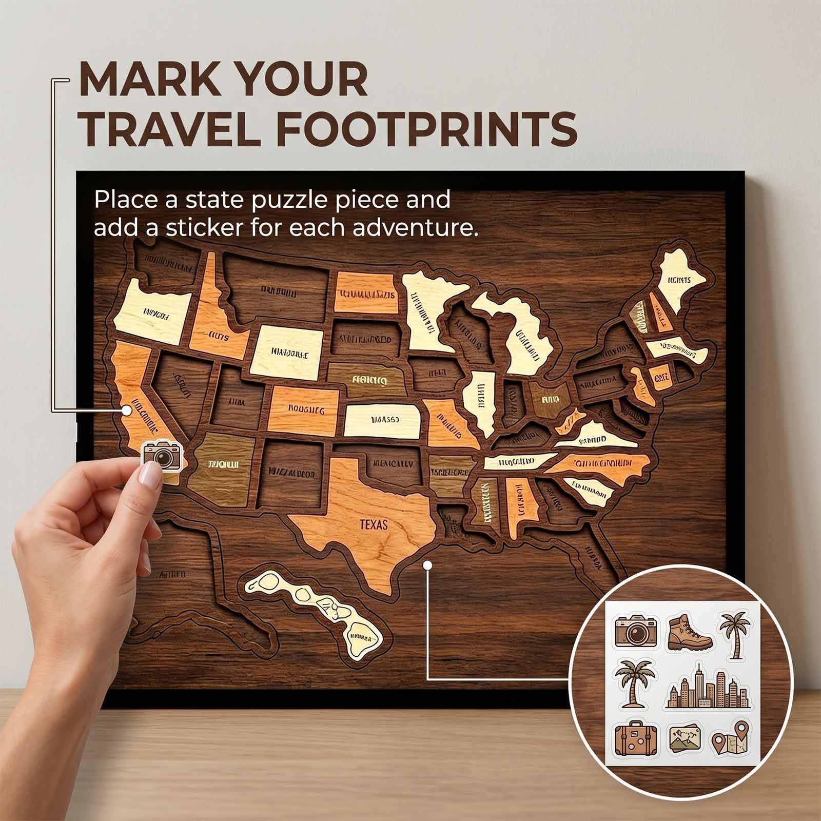 Holz-Puzzlerahmen mit USA-Reisekarte, Markierung der Staatskarte mit Elementen, Wanddekoration for Zuhause, Klassenzimmer, for Paare, Familie, Wohnmobil-Urlaub(A+Sticker*2pcs)