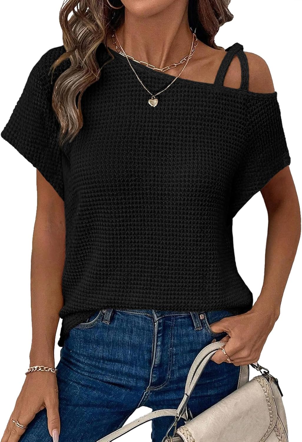 Dokotoo Womens Summer Tops Off One Shoulder Waffle Knit Short Sleeve T-Shirts Casual Lightweight Solid Color Blouses