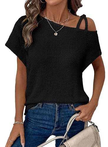Dokotoo Womens Summer Tops Off One Shoulder Waffle Knit Short