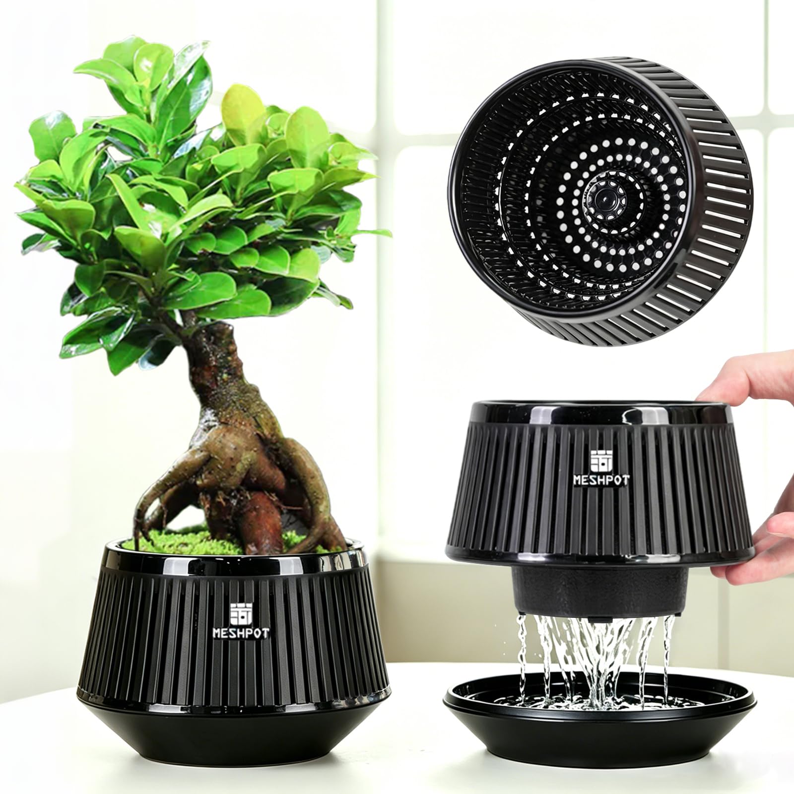 Meshpot Bonsai Pots with Drainage Tray and Excellent Airflow, Plastic Bonsai Tree Pot with Air-Pruning, Small Bonsai Planter for Indoor Plants, Juniper Bonasai, Ficus, Chinese Elm, 5 Inch, Set of 2