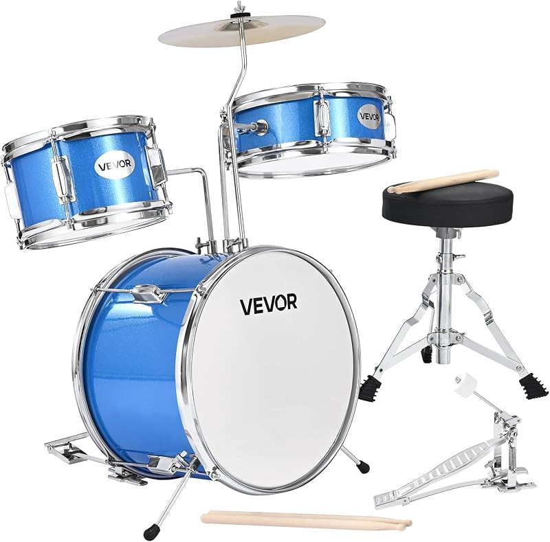 VEVOR Kids Drum Set, 3-Piece 14 in Junior Drum Sets, Beginner Drums Set with Adjustable Throne, Cymbal & Two Pairs of Drumsticks, Musical Learning Drums Instruments Kit, for Children Ages 6-13 (Blue)
