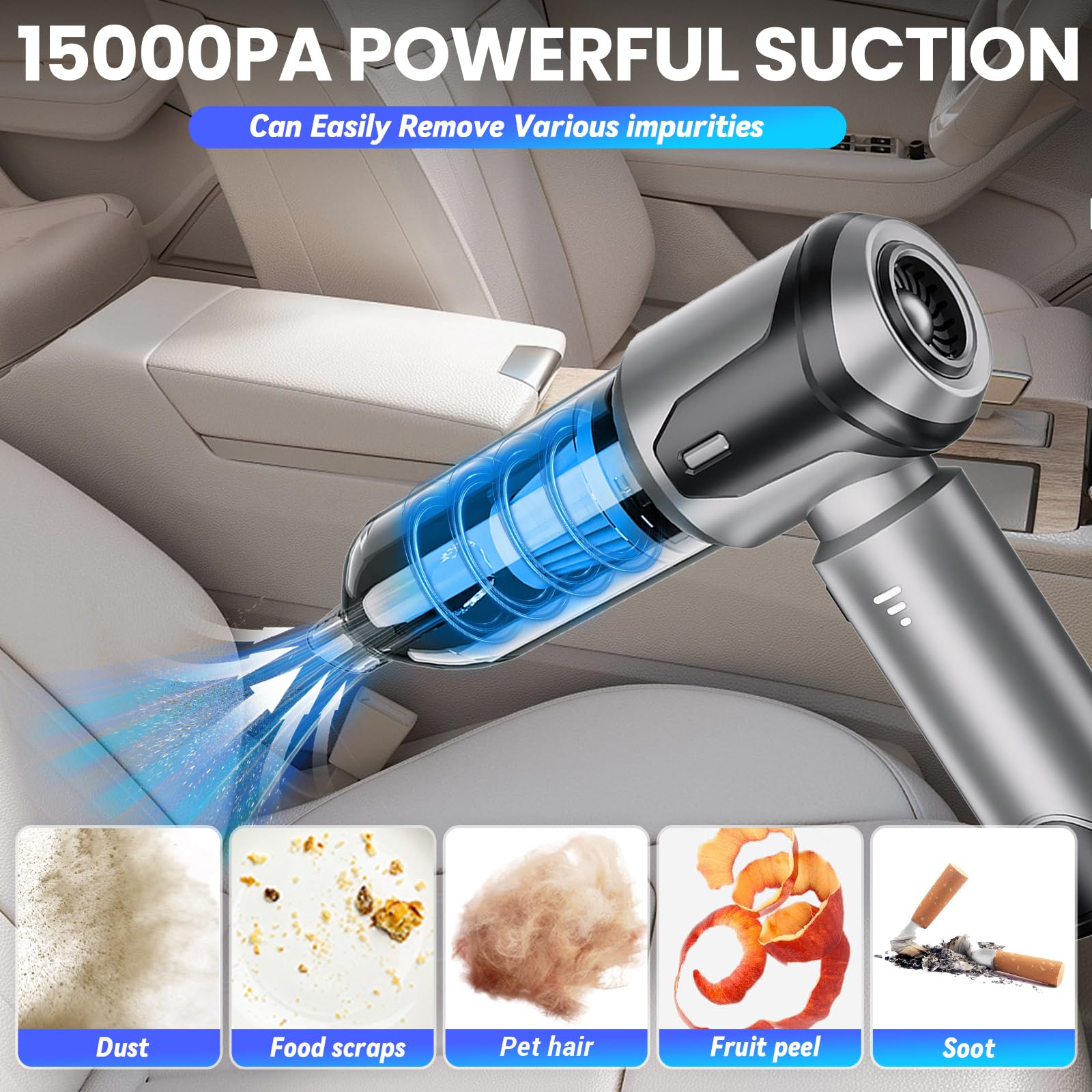 Aspirabriciole Senza Fili Potente, 15000Pa Aspirapolvere Portatile Senza Fili, 3 in 1 Ricaricabile Portatile Leggero, Mini Aspirapolvere 3 Velocità, per Auto, Ufficio, Casa