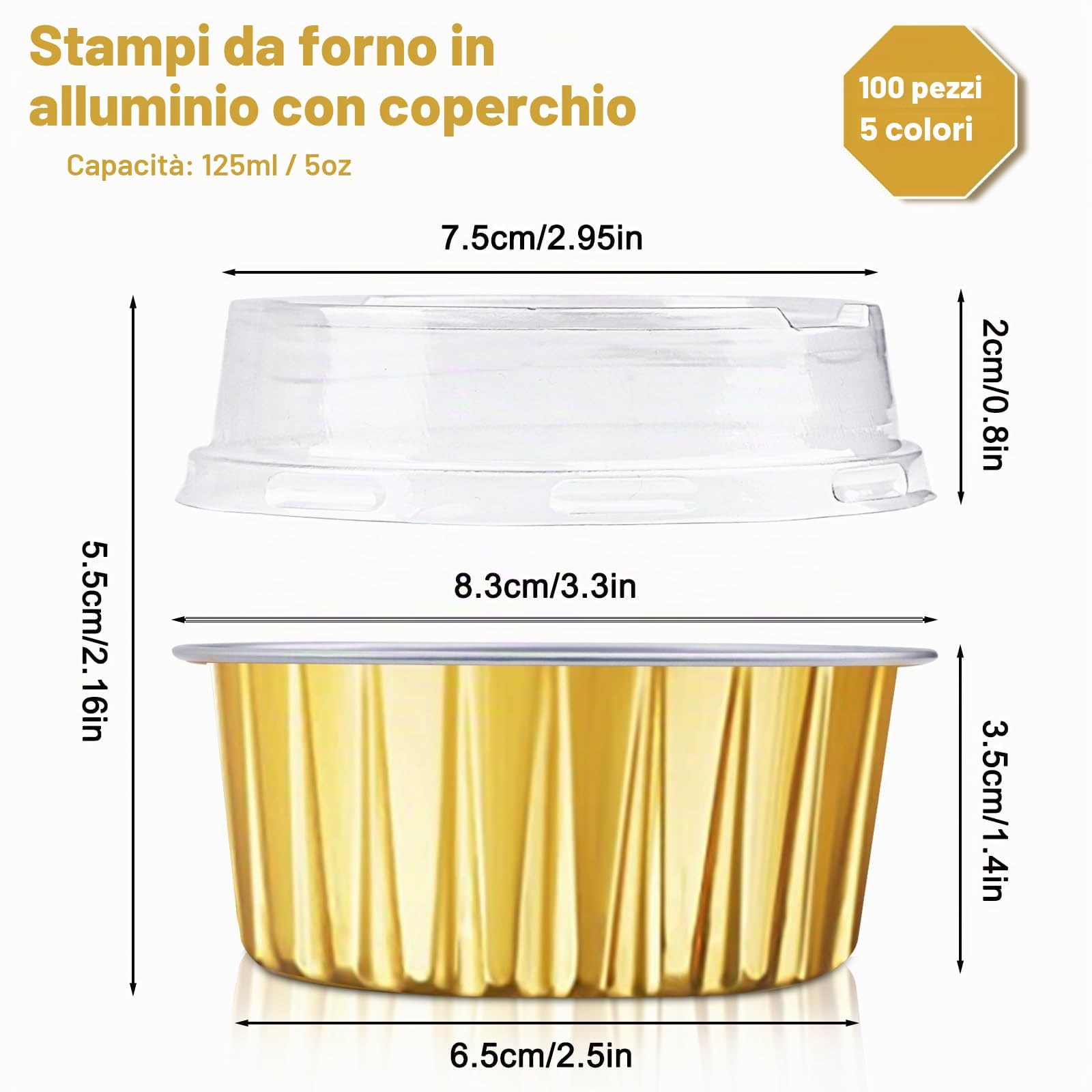 RETON 100 pirottini in alluminio con coperchio, 141,7 g, per cupcake, muffin, feste, compleanni, matrimoni, San Valentino (5 colori), RT-DGH-001