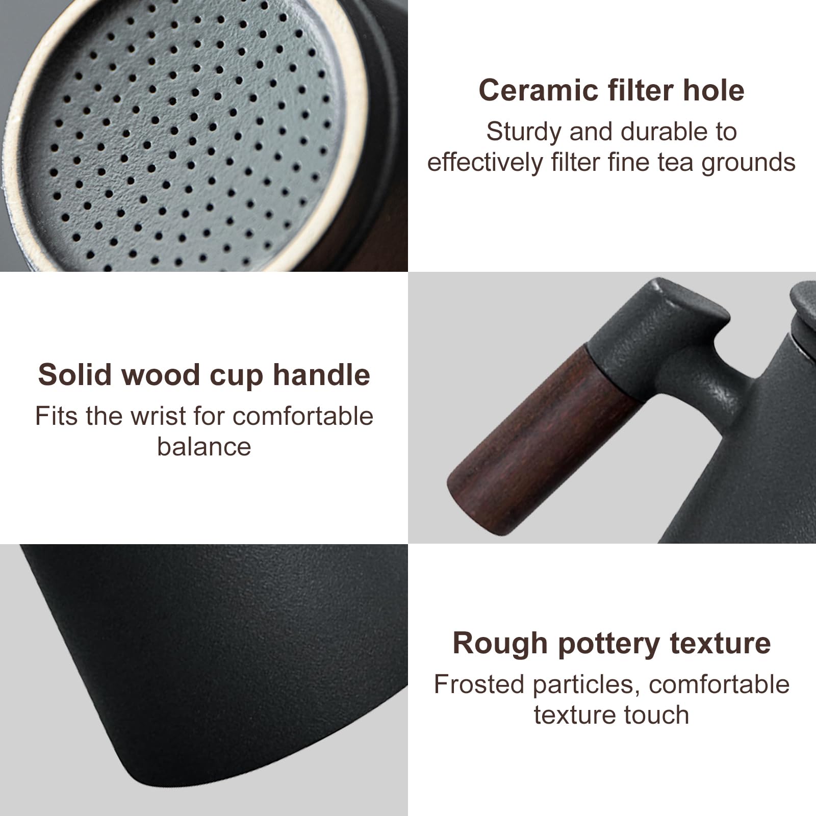 Qivine Keramik Teetasse mit Deckel und Sieb, 400ml Tee Tasse mit Holzgriff, Japanische Teetassen für Losen Tee, Geschenke für Teeliebhaber (Schwarz)