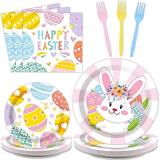 Tevxj 96PCS Easter Tableware Easter Party Supplies Easter Colorful Eggs Hunt Party Decorations Disposable Dinnerware Plates Napkins Forks for Easter Spring Holiday Party Favors
