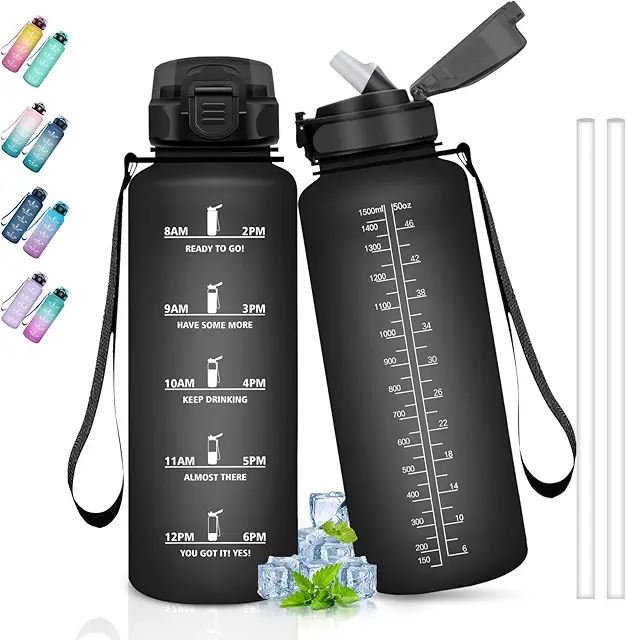 Gourde Sport 1,5L Anti-Fuite avec Paille et Motivation - Noir