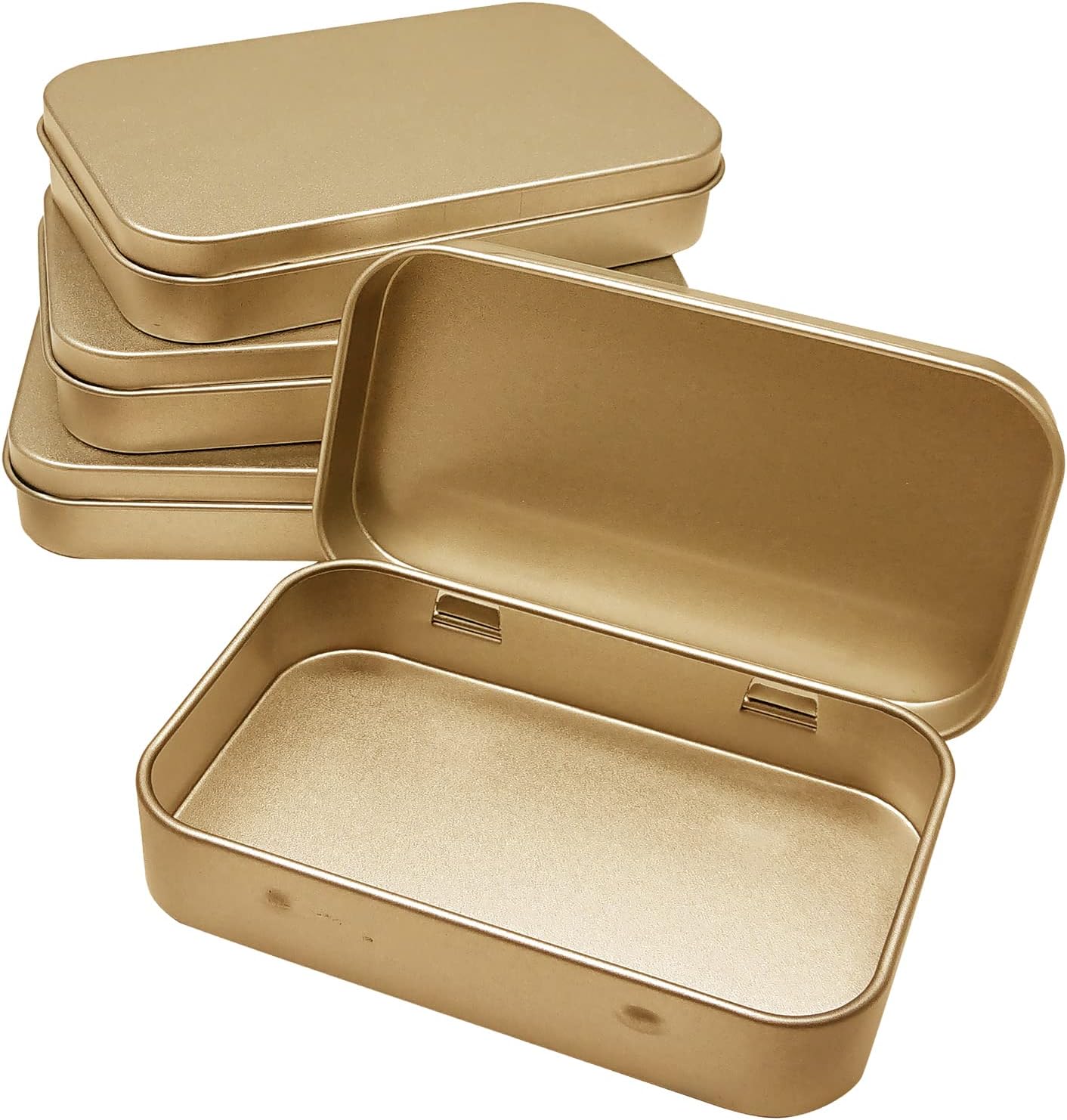 4 Pack Tin Box Containers 3.7 x 2.4 x 0.8 Inch Metal Tins Storage Box with Hinge Lids, for Home Storage, Outdoor Active Storage Containers, Home Organizer Small Tins, Gold