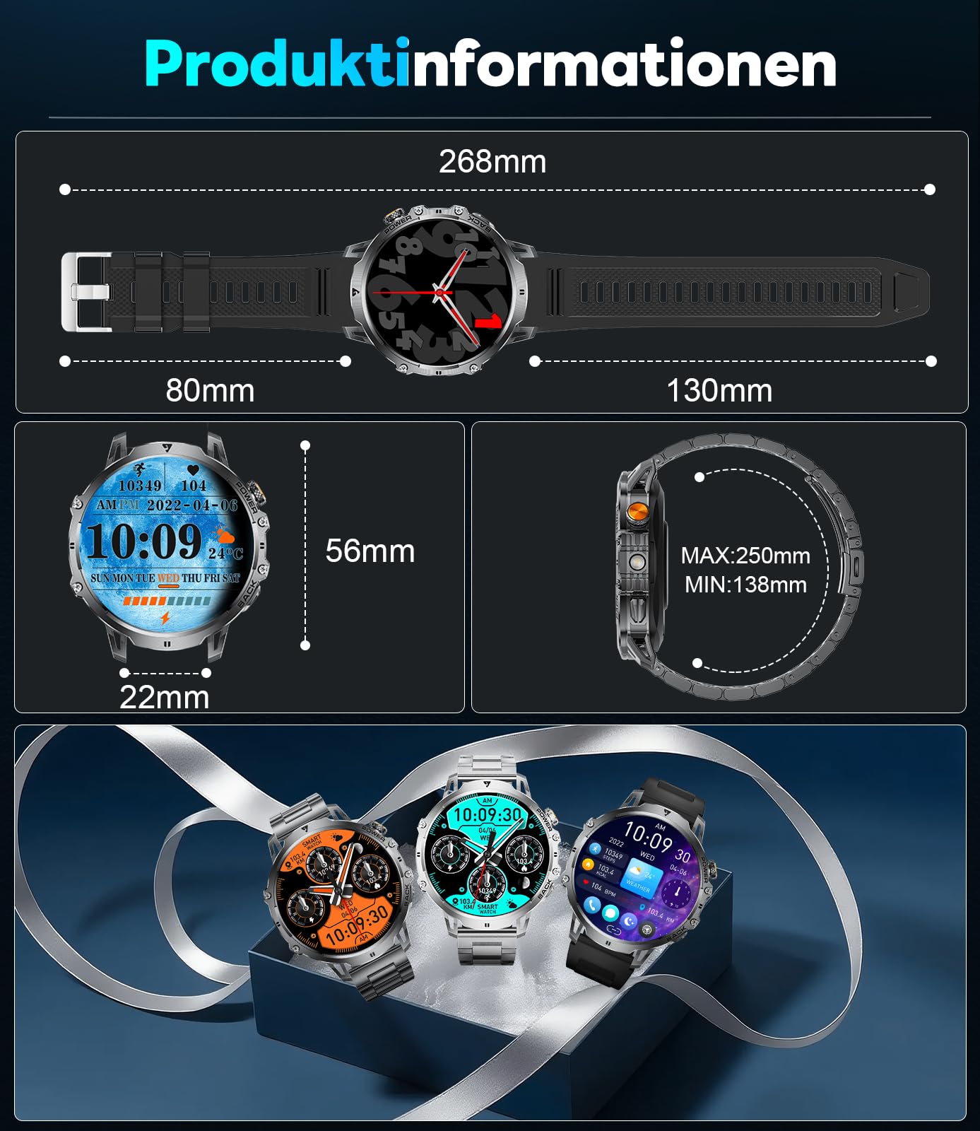 LIGE Militär Smartwatch Herren - 1000 mAh/1,85" HD Großes Touchscreen/LED-Licht, Fitnessuhr mit 110+ Sportmodi, Herz-/Schlaftracking,2 Armbändern,IP68 wasserdicht, Sportuhr für iOS/Android, Schwarz