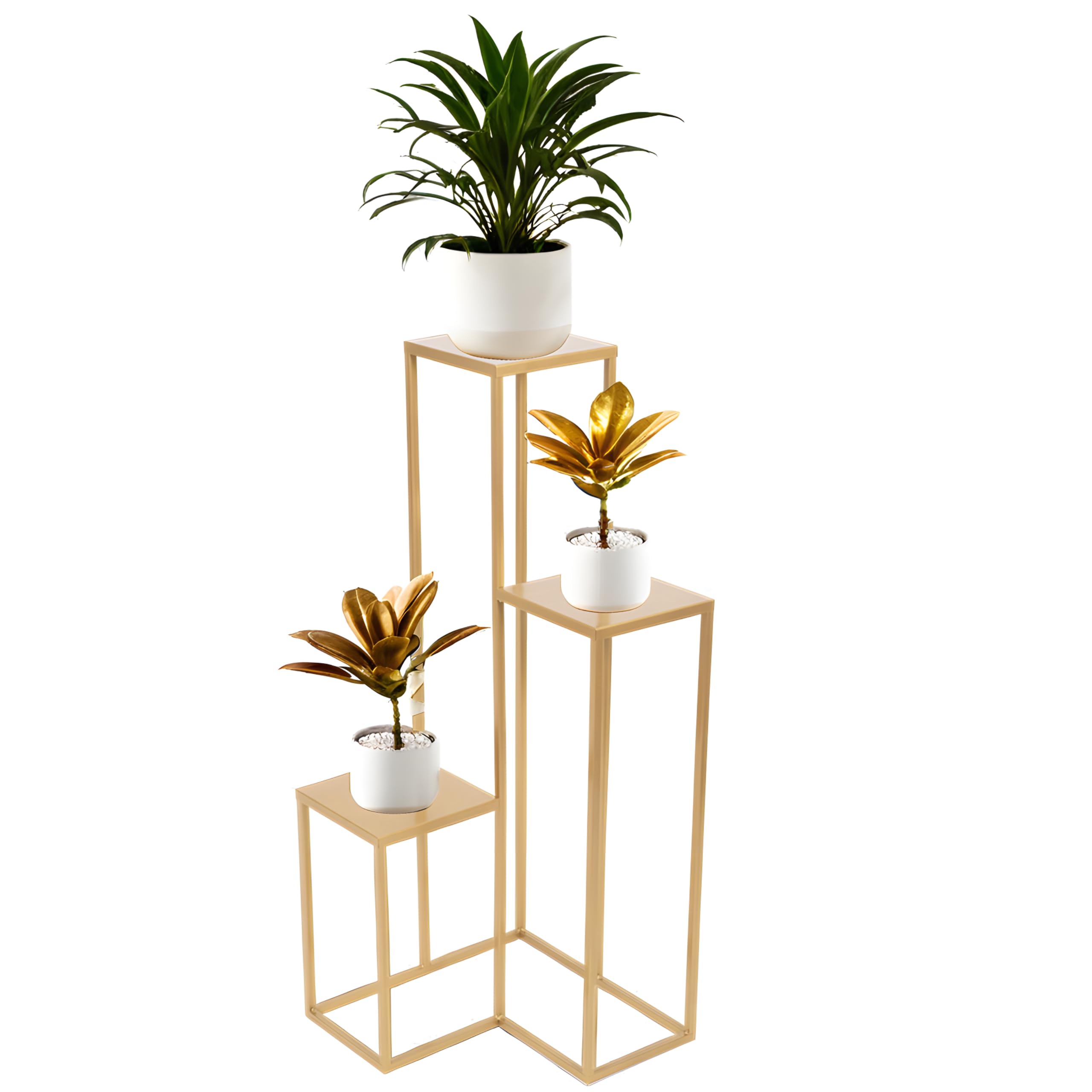 Stojak na rośliny Elle Metal - Kwietnik 3 poziomy - 40x40x95cm - kolor Złoty - do kwiatów w pomieszczeniach - metalowa półka - stolik dekoracyjny - stojak na kwiaty