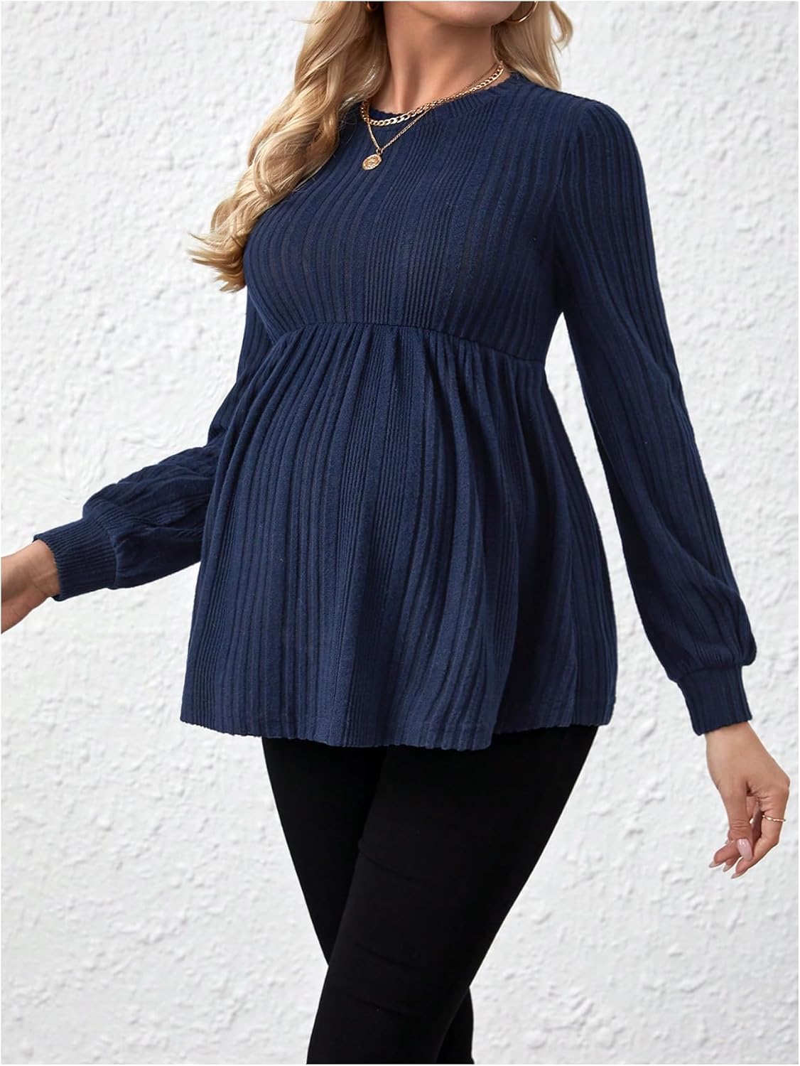 MakeMeChic Women's Maternity Tee Shirt Crew Neck Rib Knitted Long Sleeve Peplum Tops - Image 4