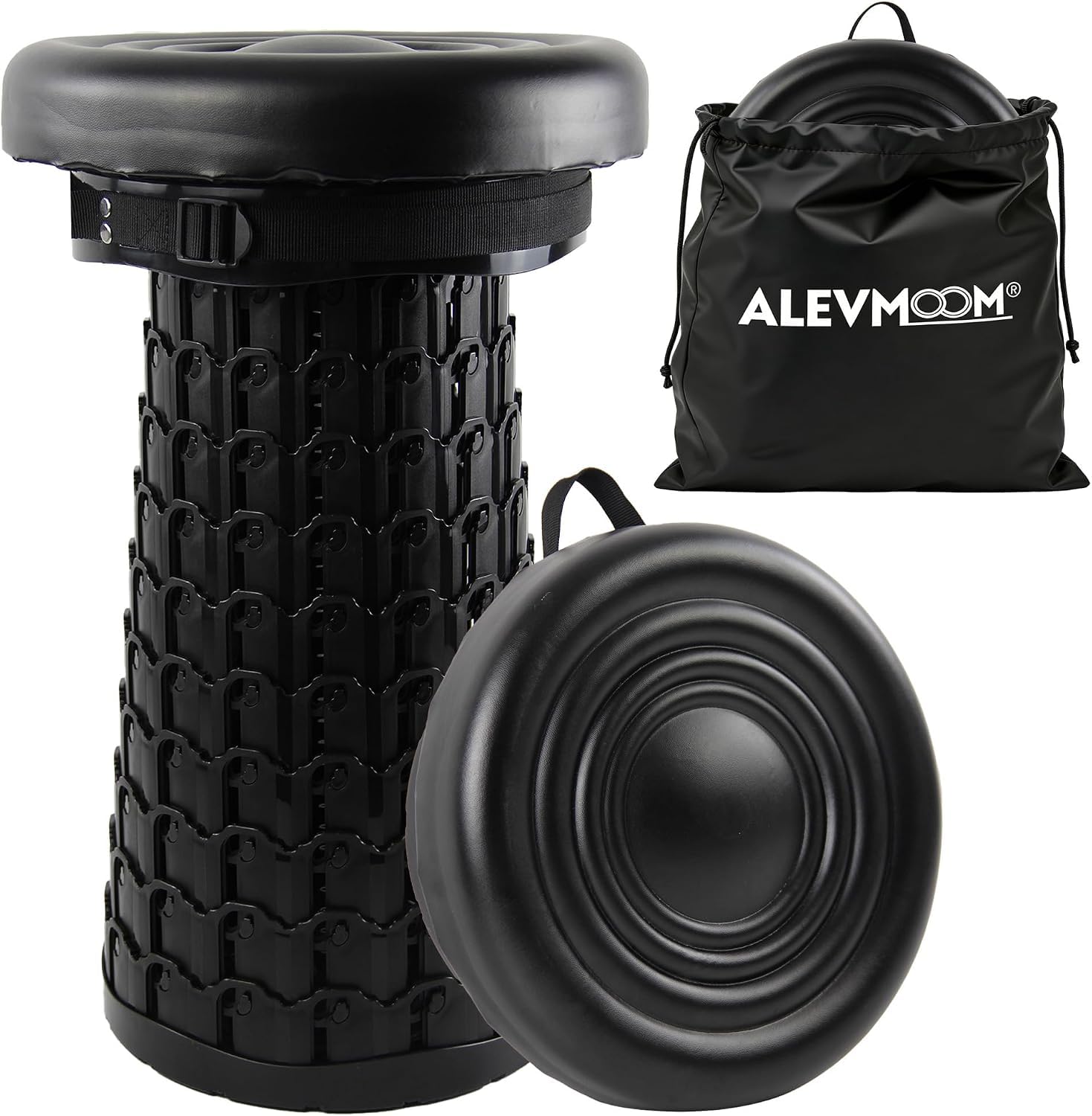 ALEVMOOM Upgraded Telescopic Collapsible Stool with Rotatable Cushion, 600lbs Heavy Duty Portable Folding Stool, Retractable Foldable Seat for Camping Fishing Outdoor &amp; Indoor Use Carry Bag Included
