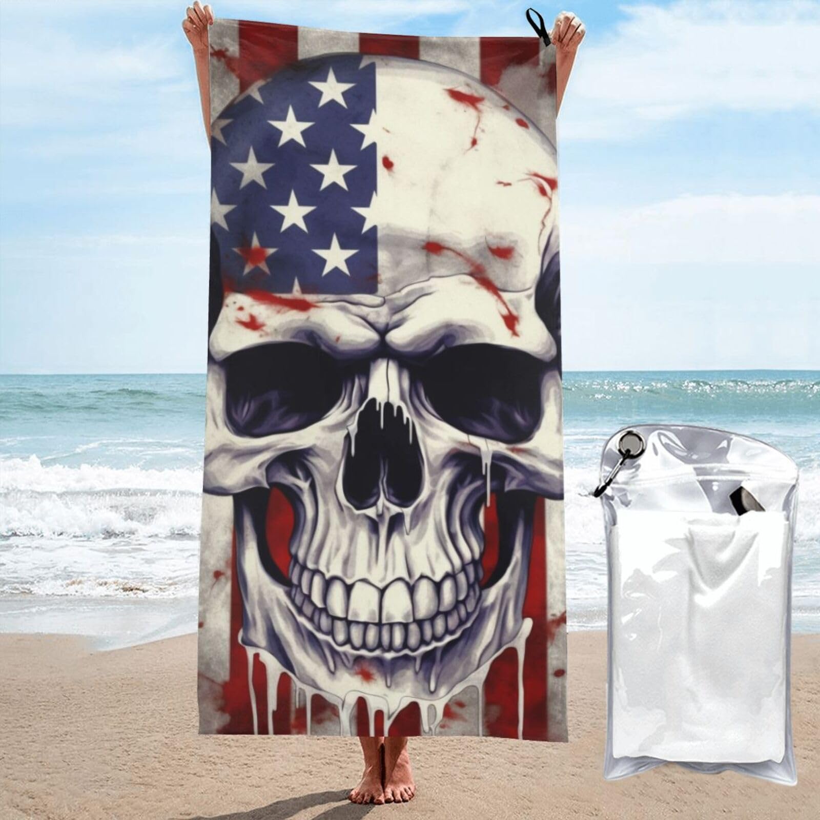 BWWHCCTI American Flag Skull Printed Microfiber Quick Dry Beach Towel 70x140 CM, Fast Drying Bath Towels with Bags for Travel,Camping,Gym,Beach,Swimming,Yoga