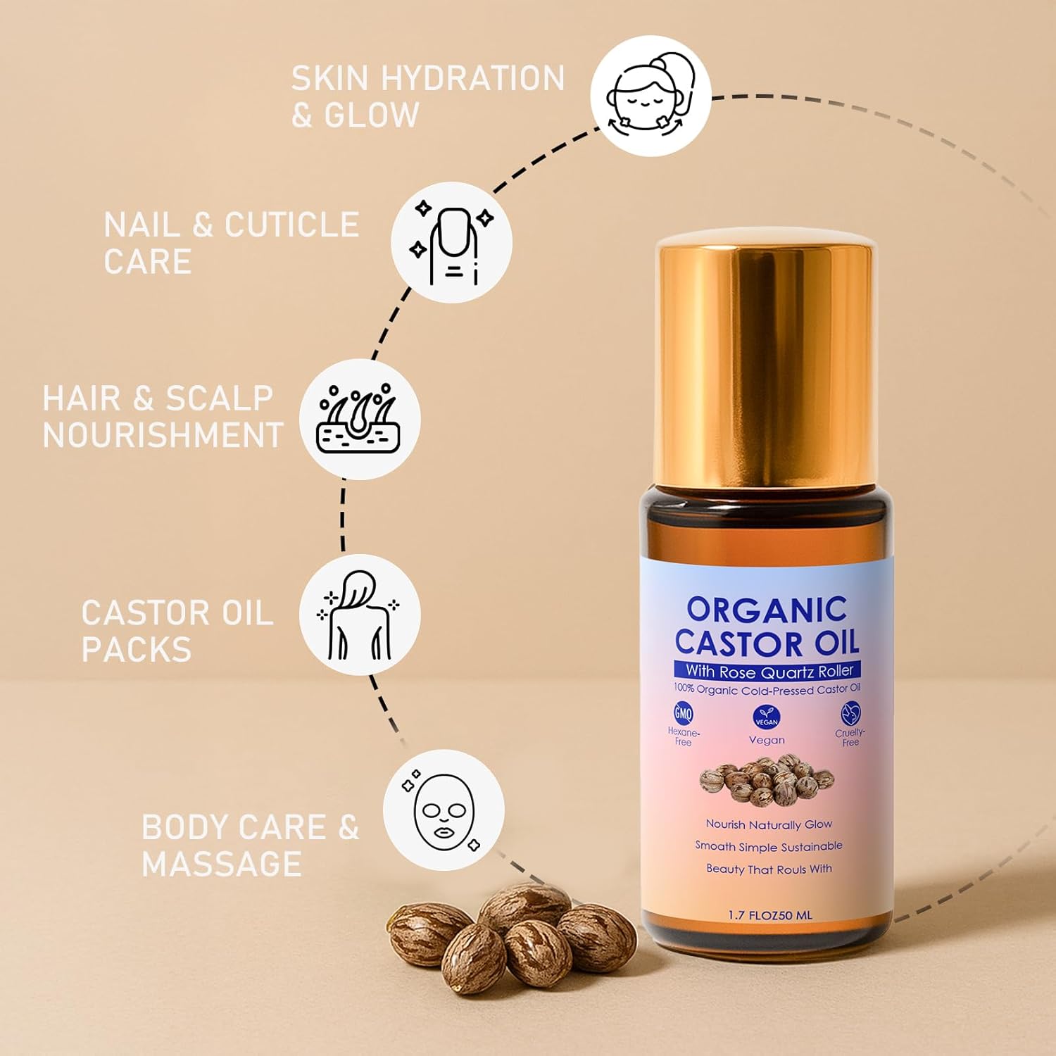 Organic Golden Castor Oil Roll-On with Rose Quartz, 100% Pure, Unscented, For Radiant Skin | Deeply Hydrates | Reduces Fine Lines | Lush Hair & Relaxation [1.7oz] - Image 3