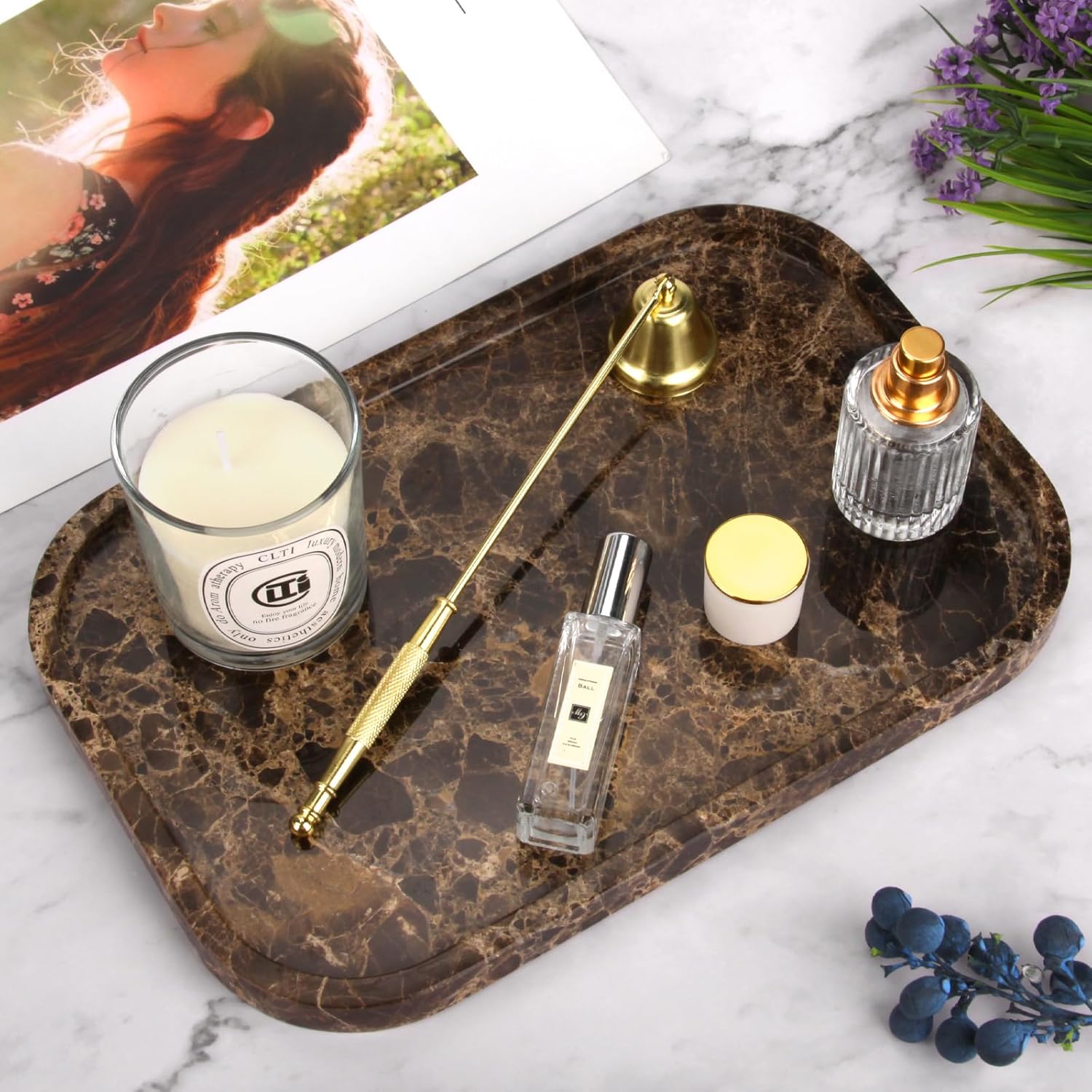 Marble Bathroom Vanity Tray, Natural Marble Home Kitchen Table Tray, Stone Decorative Countertop Serving Organizer for Dresser Coffee Perfume Jewelry Makeup (1, Dark Brown L, 12 * 8 * 0.8)
