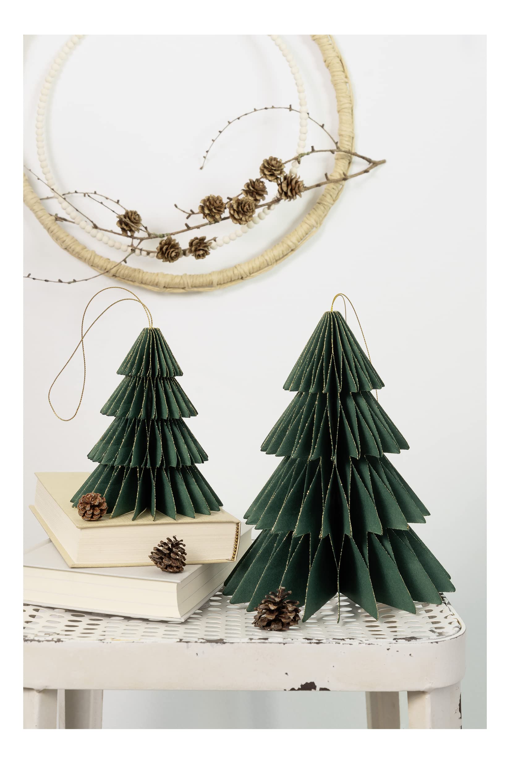 folia 49211 Classic Trees Honeycomb Set of 2 Height Approx. 20 and 13 cm, Foldable Christmas Decoration for Indoor use, Dark Green, S/M