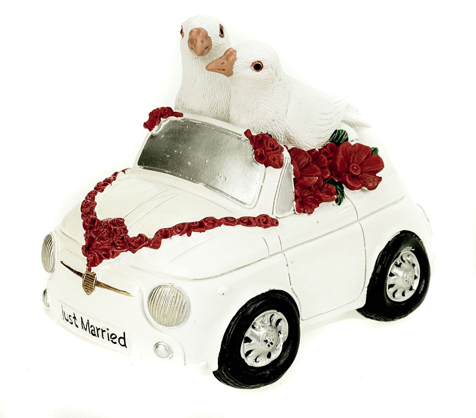 Hucha de polirresina con diseño de coche de boda con palomas, 16 cm