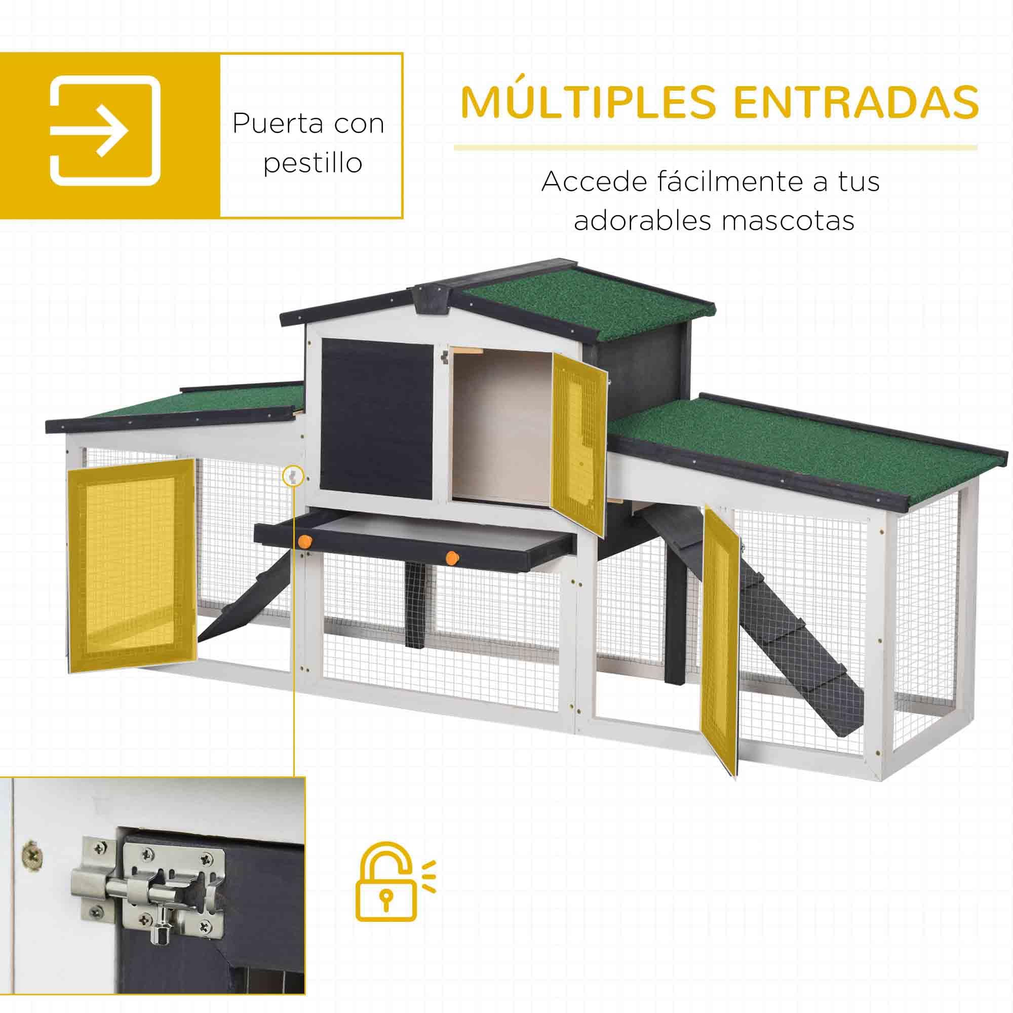 PawHut Conejera de Madera Jaula para Conejos con Techo Abatible Escalera y Bandeja Extraíble Conejera para Exterior 197x49x86 cm Gris