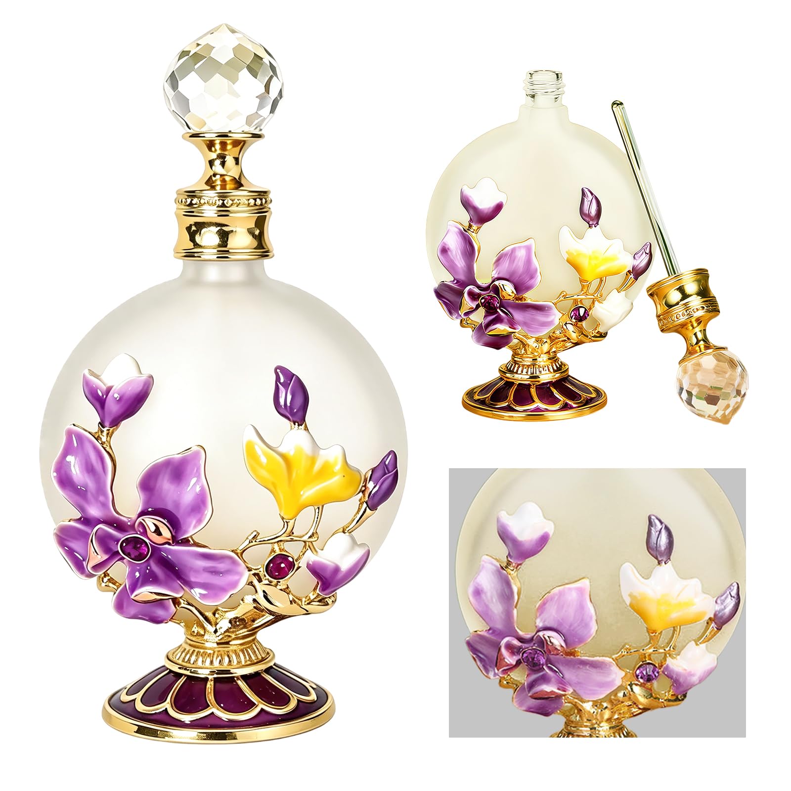 Joyeee Botellas de perfume de vidrio vacías 30 ml con magnolia rosa, frascos portátiles de aceite esencial vintage