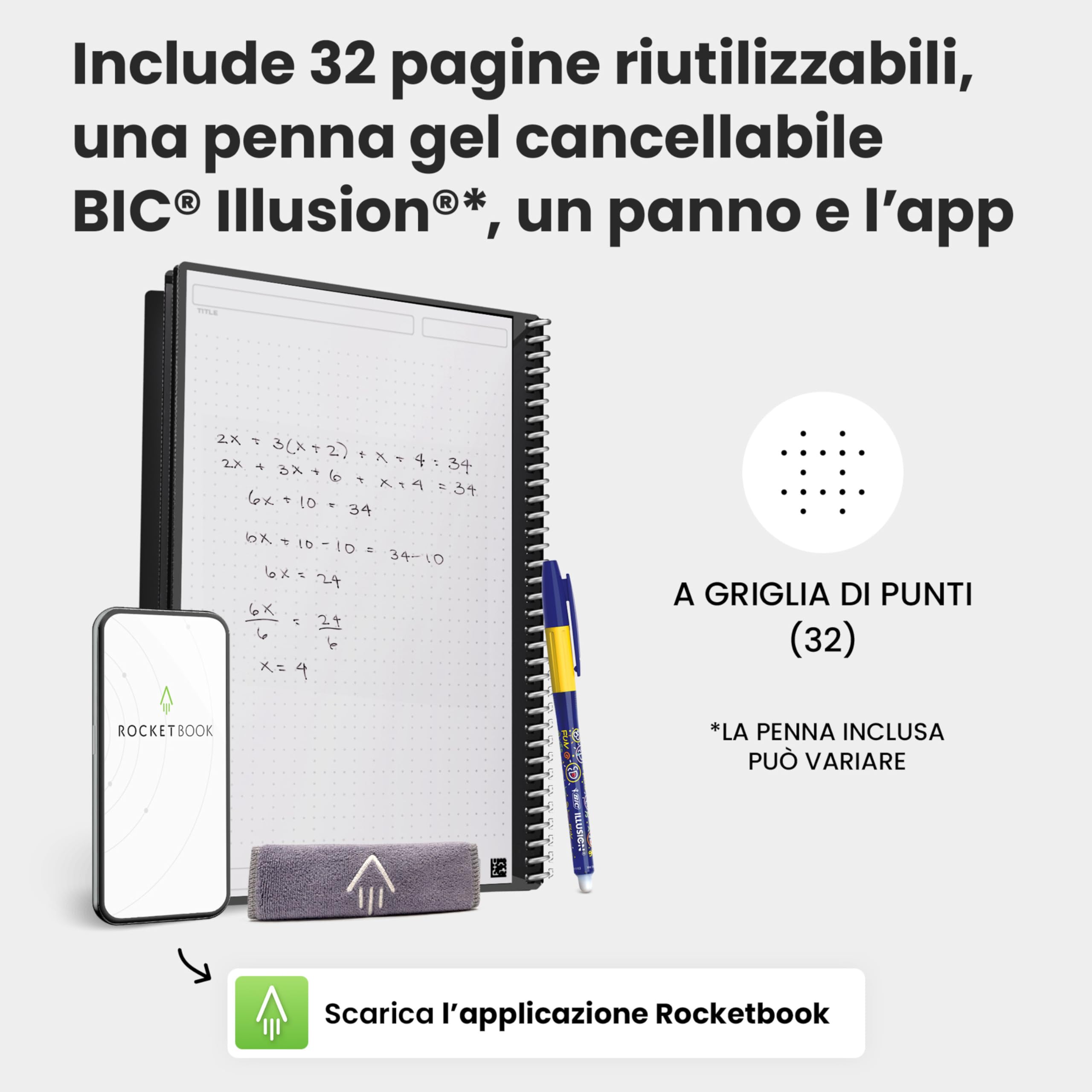 Rocketbook Core Quaderno a Spirale Riutilizzabile, Formato Letter 21 cm x 29,7 cm, Nero - Pagine Puntinate, Connessione App, Copertina Resistente, Ideale per Scuola, Lavoro e Progetti Creativ