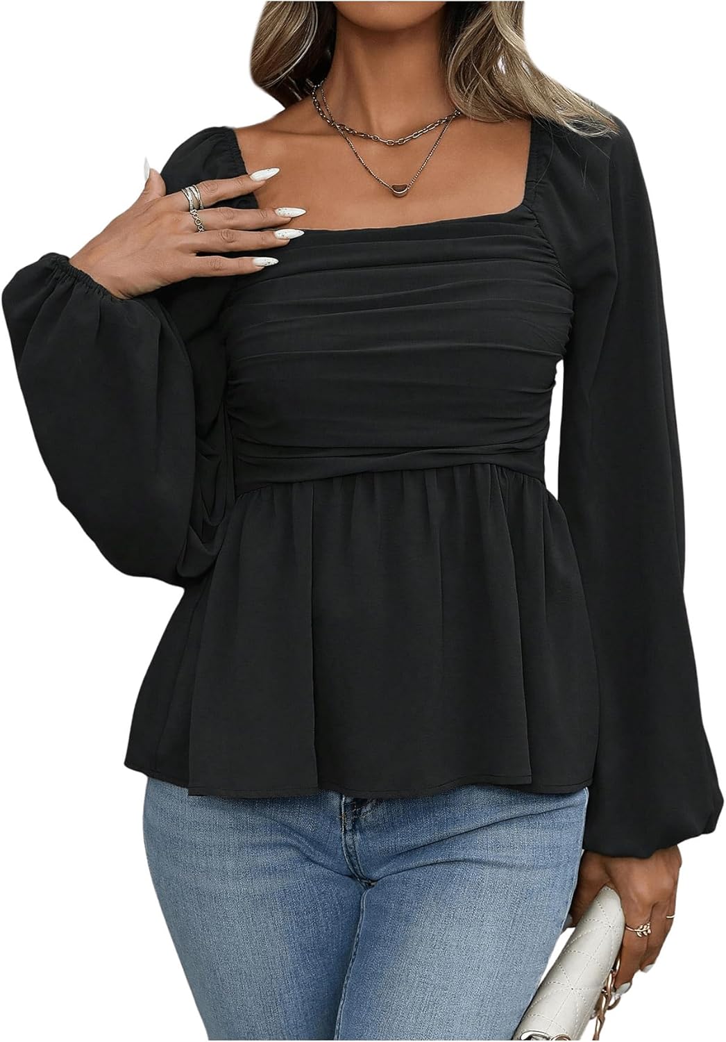 Floerns Women's Bishop Long Sleeve Ruched Square Neck Ruffle Hem Peplum Blouse Top