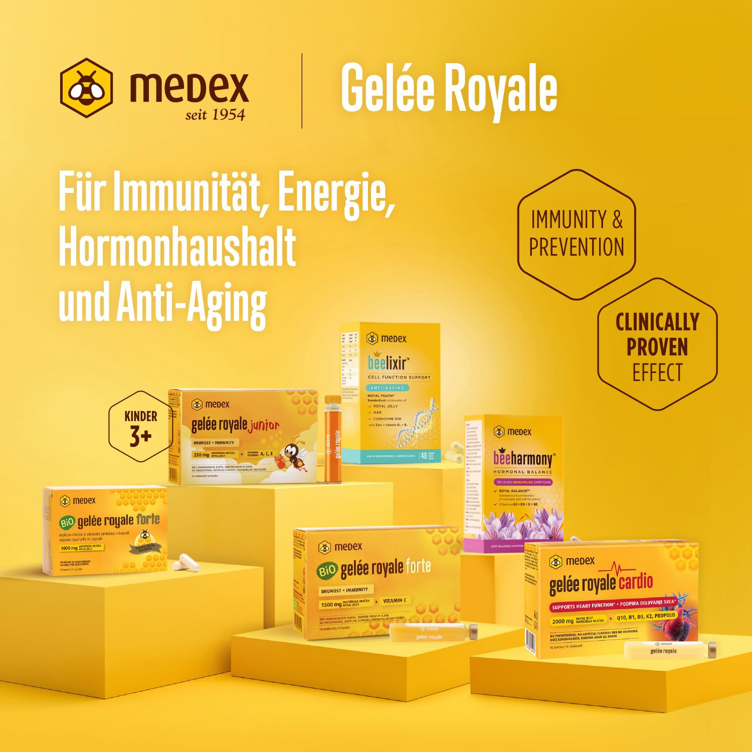 Medex Gelée Royale JUNIOR, frisches Gelee Royal 250 mg, mit natürlichen Vitaminen A, C, E, ausgezeichneter Geschmack, ohne Süßstoffe, für Kinder ab 3+, Flüssigkeit in Ampullen 10 x 9 ml