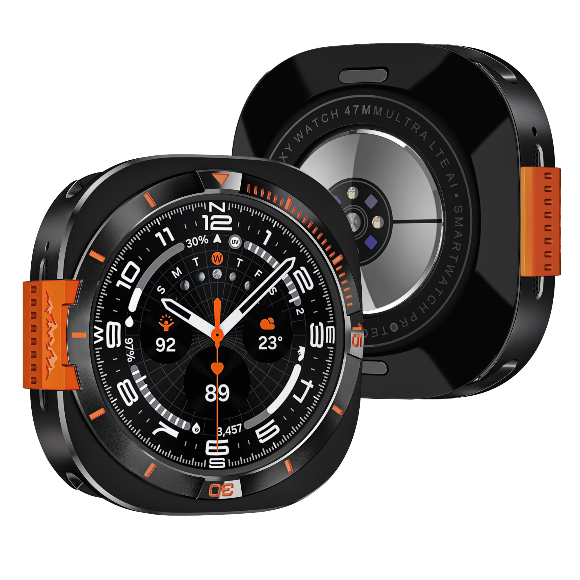 VeveXiao Metalowe wytrzymałe etui 2 w 1, kompatybilne z Samsung Galaxy Watch 7 Ultra, aluminiowe, odporne na wstrząsy, ochronne etui do Galaxy Watch 7 Ultra (2025) 47 mm (czarno-pomarańczowe 2)