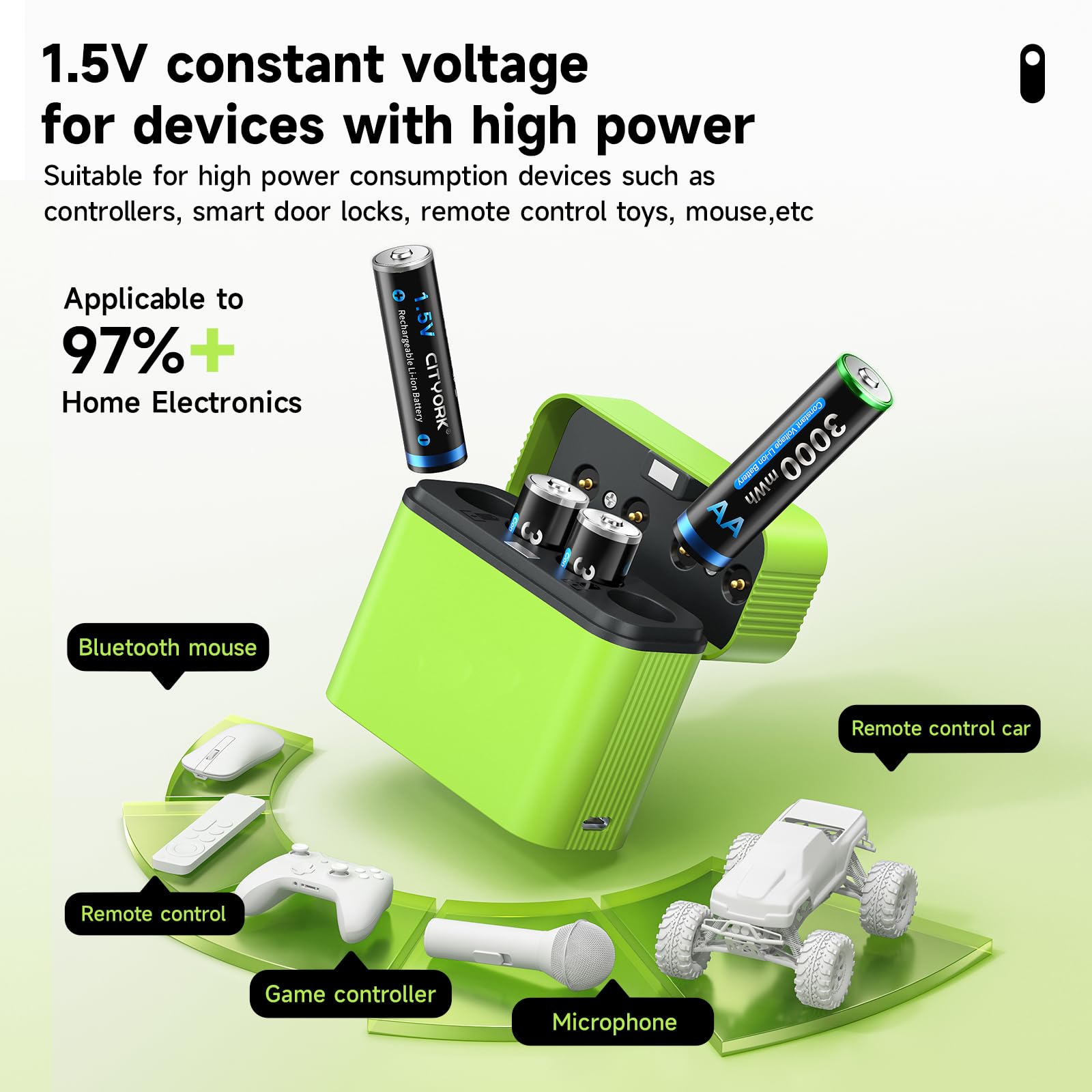 CITYORK Lot de 4 piles AA rechargeables au lithium avec chargeur, 1,5 V haute capacité 3000 mWh, batterie au lithium AA avec boîte de rangement intégrée