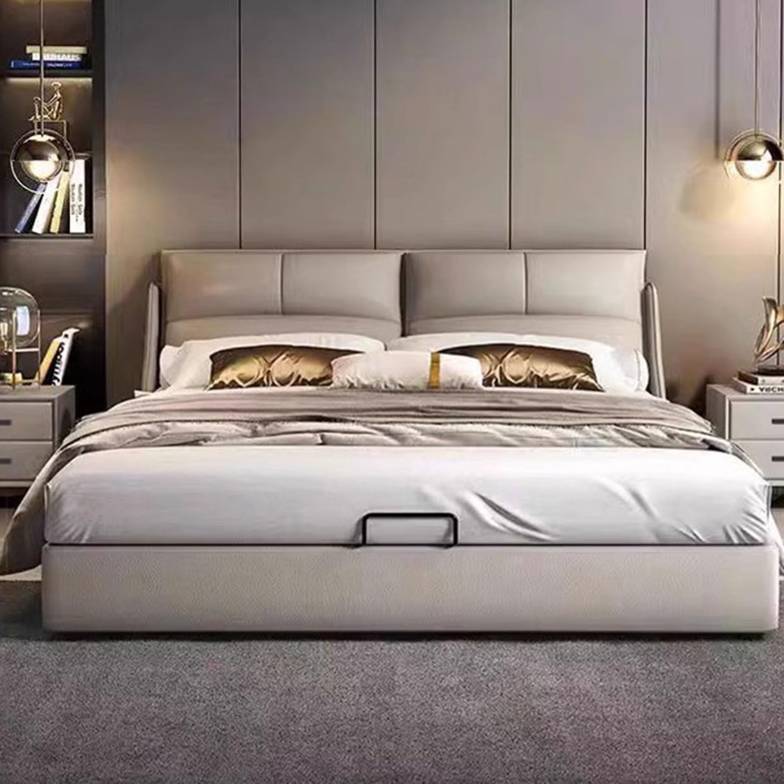 Luxury King Size Genuine Leather Wood Bed Upholstered Platform Bed Frame with Wingback Headboard and Drawers Wooden Slats