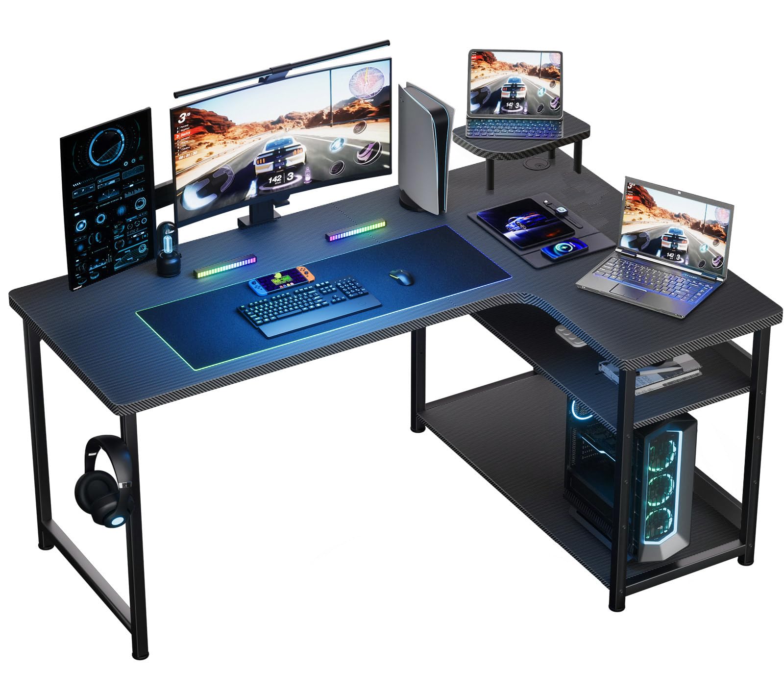 GTPLAYER Gaming Desk 140cm Computer Desk Home Office Desk with Free Fullsize Mouse Pad Adjustable Feet PC Desks Workstation T-shaped Metal Frame Table Black