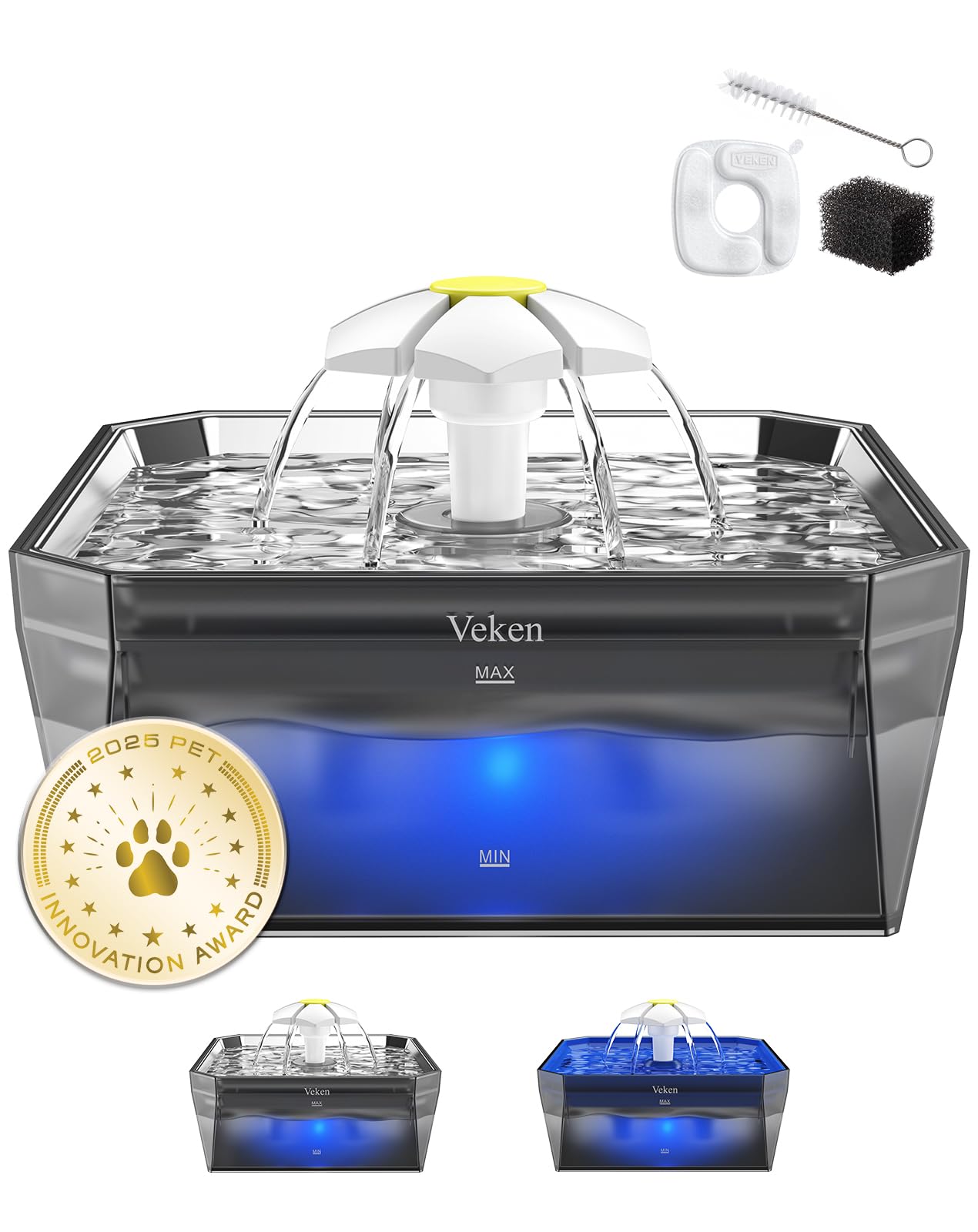 Veken Award-Winning Small Pet-Friendly Cat Water Fountain with Stainless Steel Lid & Quiet Pump, Easy to Clean & Assemble, 50oz Mini Water Dispenser Gifts for Cats and Small Animals, Silver