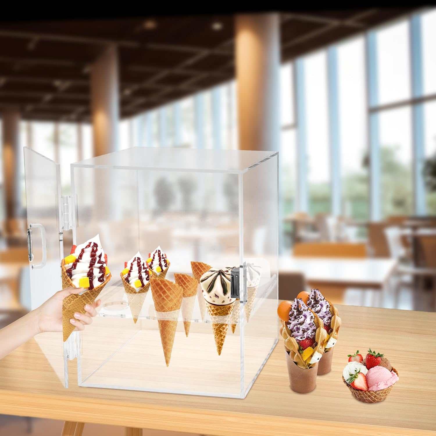 9 Holes Ice Cream Cone Holder ,Acrylic Cone Display Case Countertop, Transparent Waffle Cones Holder Egg Roll Display Case with Door&Handle and Removable Shelf, Displays for Cones