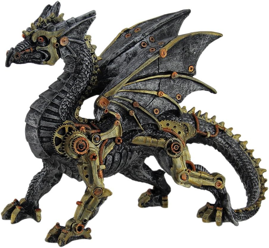 Steampunk Silver Mechanical Dragon Standing Figurine Statue 12" L