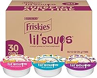 Friskies Lil' Soups Grain-Free Wet Cat Food Variety Pack - Real Salmon, Tuna, Shrimp Lickable Treats & Toppers (30 x 1.2oz Cups)