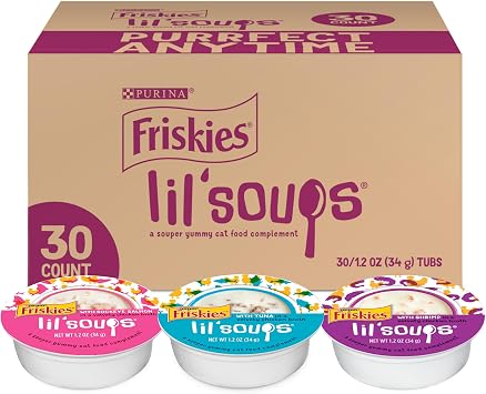 Purina Friskies Grain Free Wet Cat Food Complement Variety Pack, Lil' Soups With Salmon, Tuna or Shrimp - 30 1.2 oz. Cups