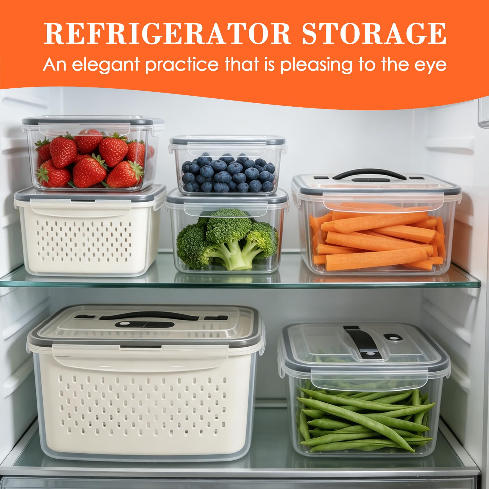 Organizer Frigorifero 6 Pezzi (7,2L/4,55L/3,3L/1,85L/0,85L/0,38L), Contenitori Frigo per Frutta/Verdura/Insalata, BPA Free, Adatto Microonde, Lavastoviglie e Congelatore
