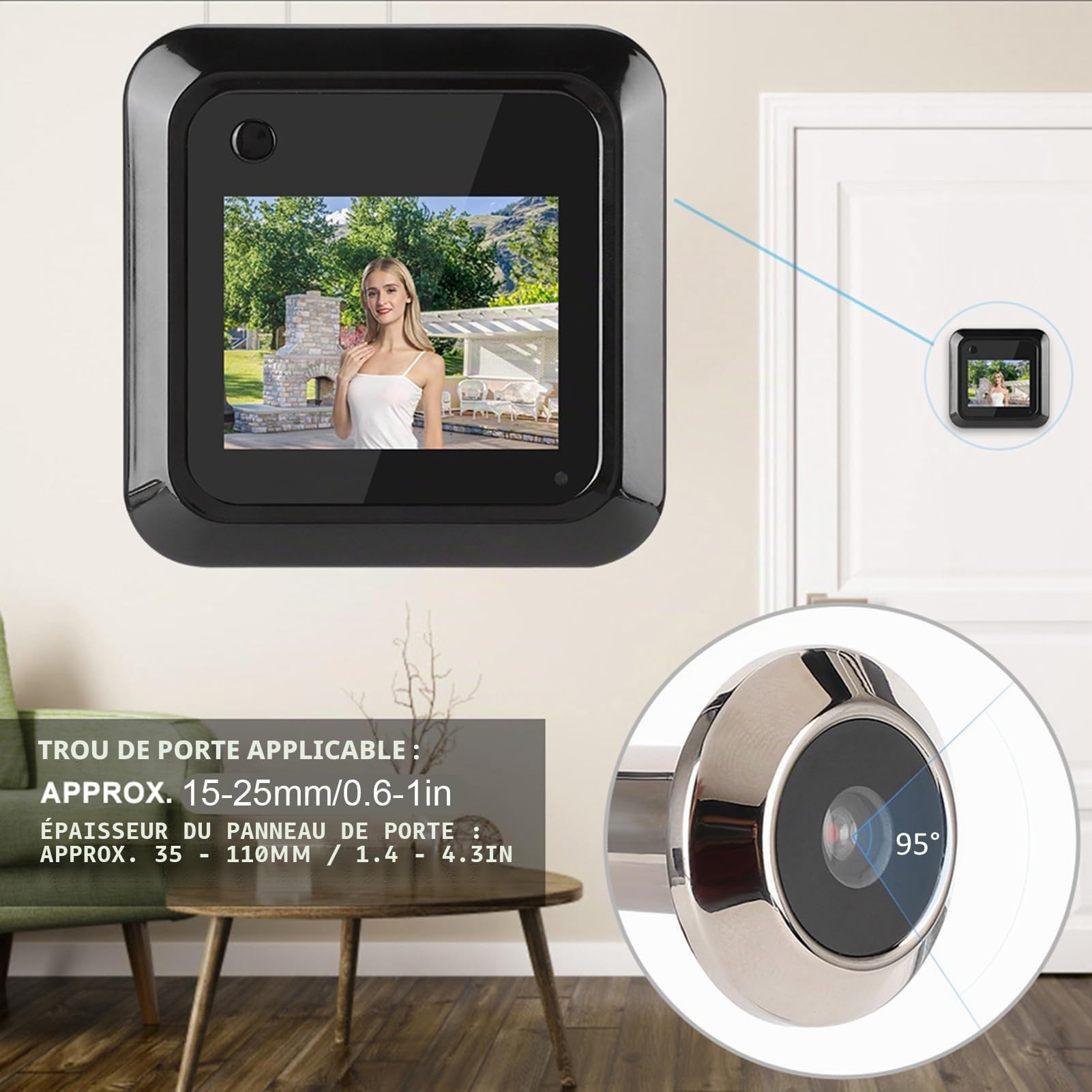 Judas de Porte Numérique, Judas Intelligent 2,4 Pouces - Écran LCD TFT, Enregistrement Photo avec Caméra 0,3 MP, Judas Grand Angle 95°, pour épaisseur de Panneau de Porte de 35 à 110 Mm