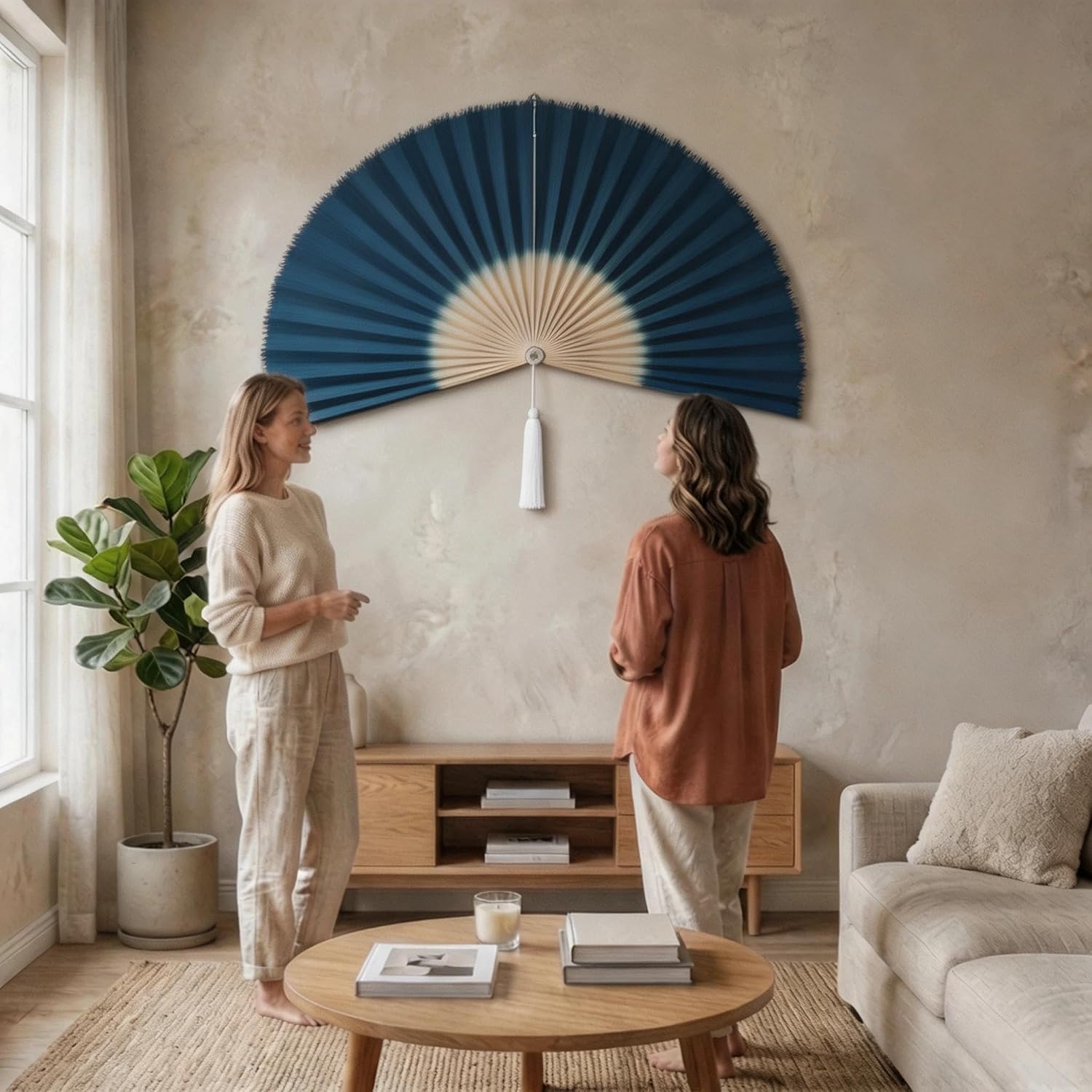 Abanico de Pared de bambú Tejido a Mano, Estilo Bohemio, con Borla. (19Inchx39Inch)
