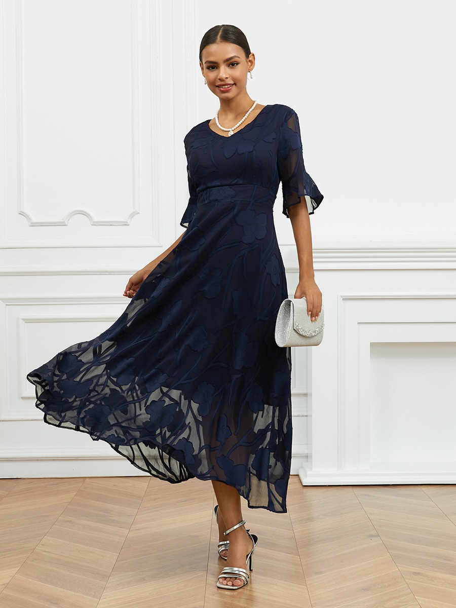 Ruffle Lace Chiffon Maxi Dress Wedding Guest Semi Formal Dresses Dark Blue | Ruffle Lace Dresses | Extra Long | Elegant Flutter Sleeve | Flowy A Line