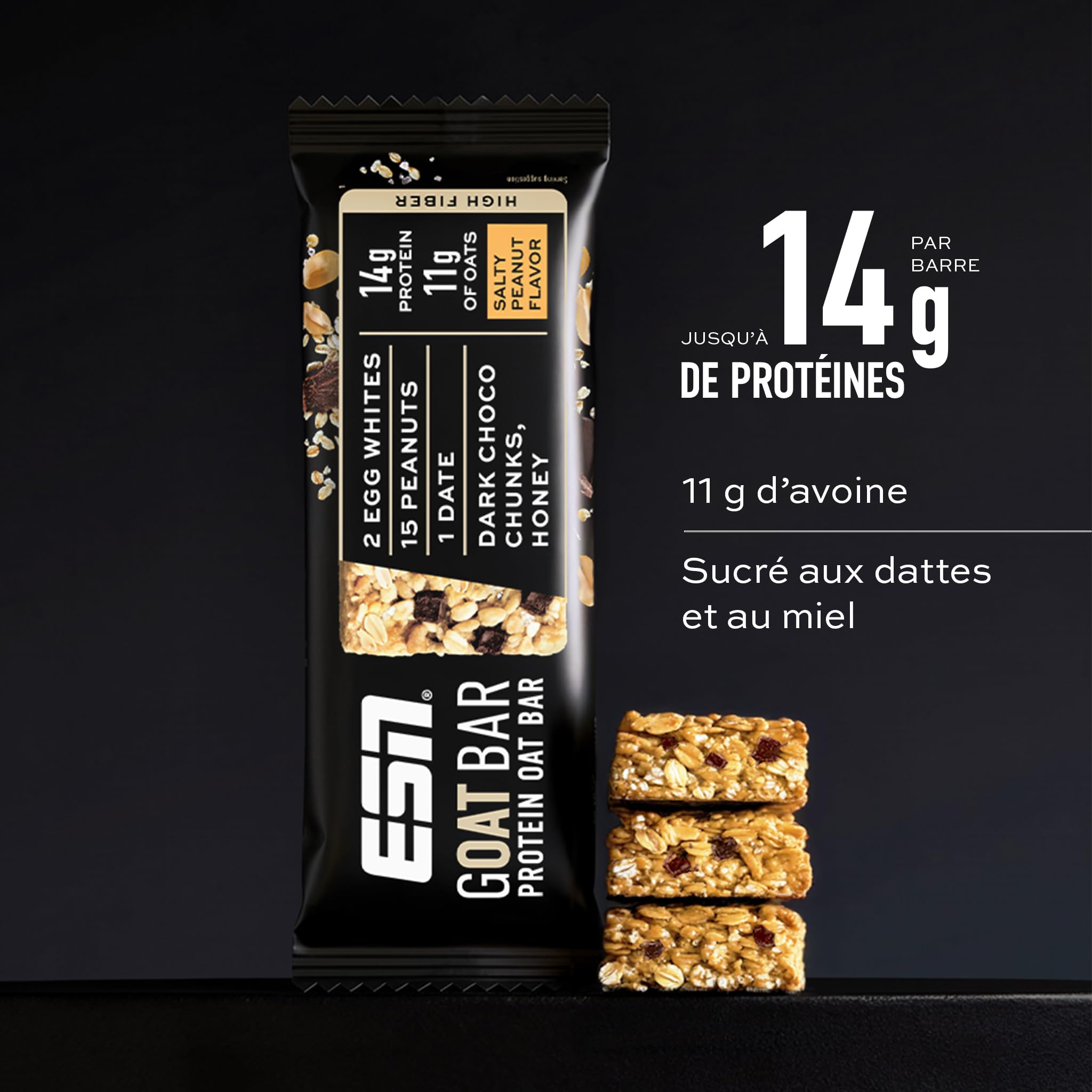 Barre ESN GOAT, barre protéinée à l'avoine, 12 x 55 g, Salty Peanut | En-cas énergétique riche en fibres, 14 g de protéines et 11 g d'avoine, sucrée aux dattes et au miel