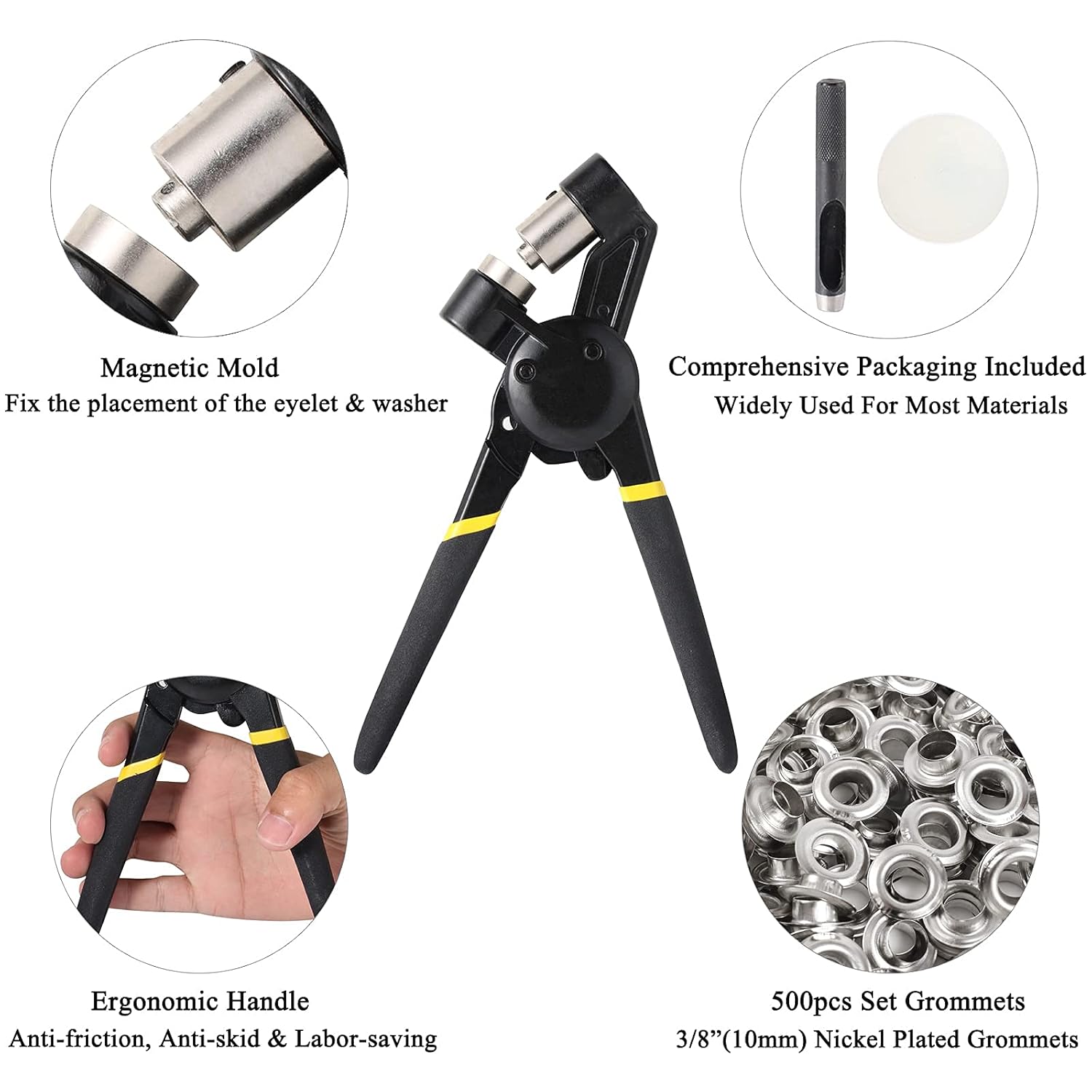 BIZOEPRO Grommet Tool Kit Grommets Press Grommet Pliers Punch Kits Handheld Eyelets W/with 500pcs 3/8 Inch (10mm) Silver Grommets Tarp Fabric Leather Shoes : Industrial & Scientific