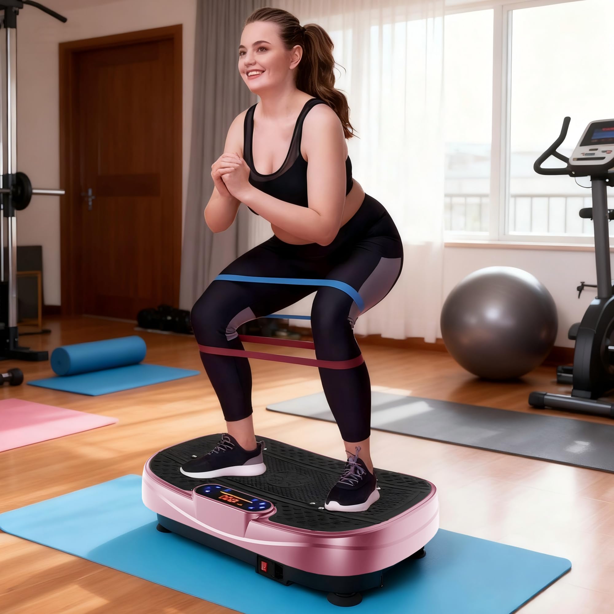 Plataforma vibratoria para el hogar – Placa vibratoria con 120 niveles y 5 modos, con bandas de resistencia y mando a distancia, para quemar grasa, desarrollo muscular, forma de figura, ideal