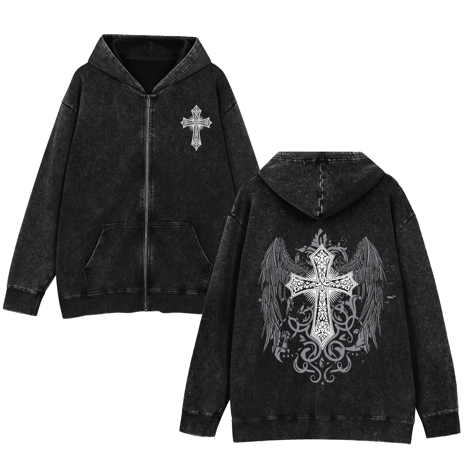 Vintage Goth Punk Zip Up Hoodies for Men Grunge Streetwear Oversized Gothic Cross Graphic Acid Wash Sweatshirt Tops