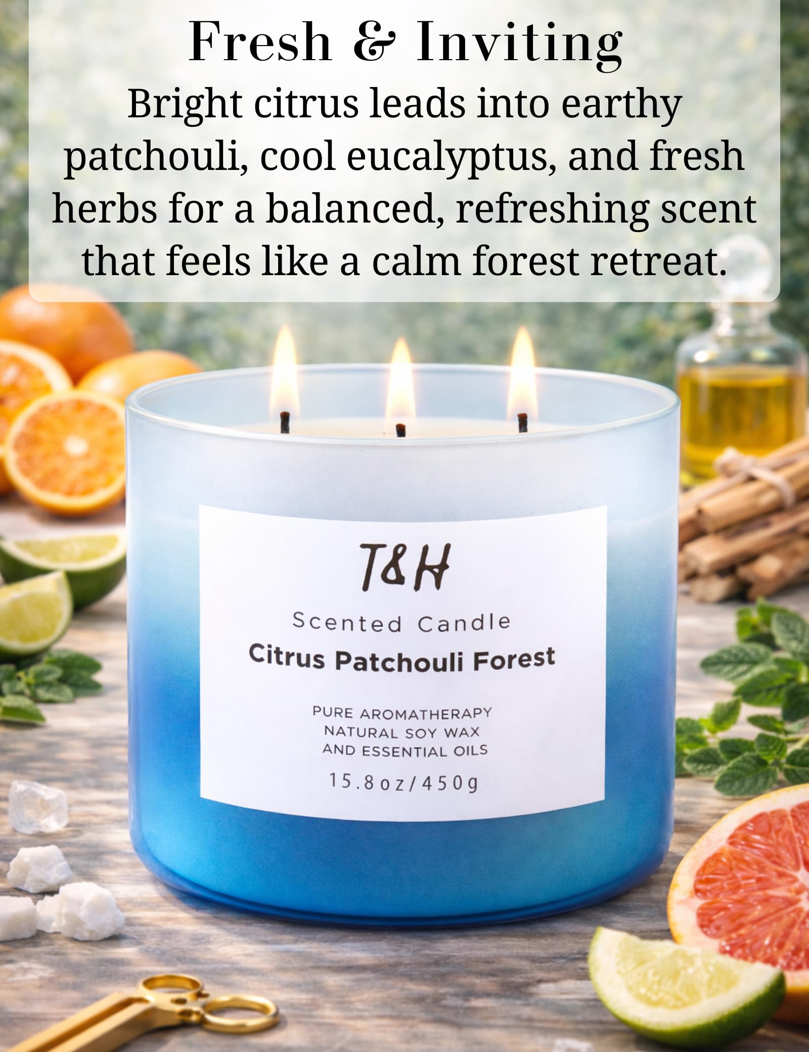 Zitrus-Patchouli-Waldkerze für Zuhause, natürliche 3-Docht-Soja-Kerze, beruhigende Aromatherapie-Kerze, Geschenk für Damen und Herren, 450 ml, große entspannende Kerze, stark duftend