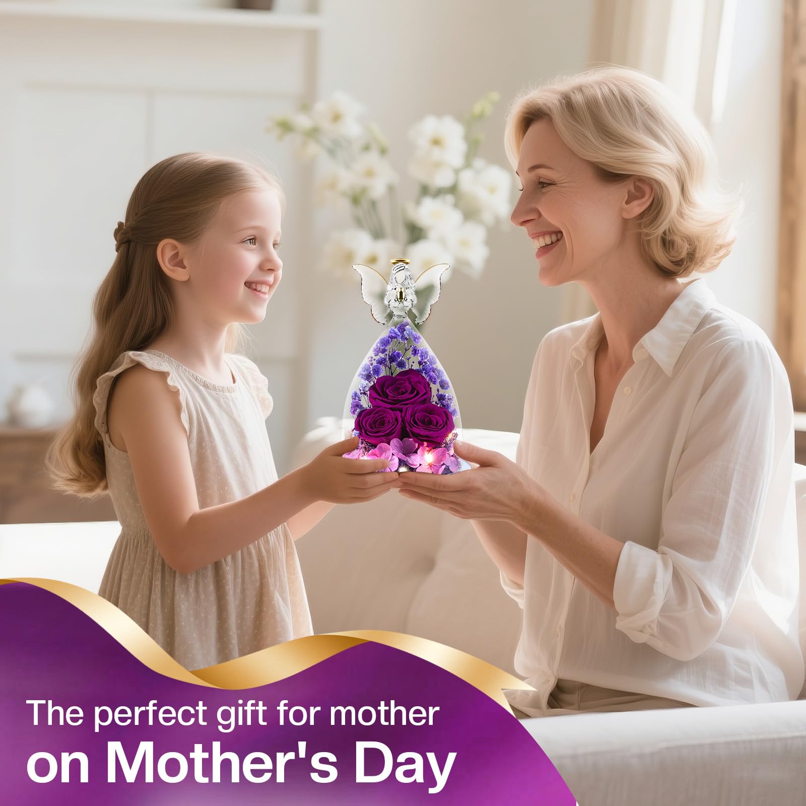 Cadeaux de Roses Eternelles pour Femmes, Cadeau Femme Roses Préservées dans des Figurines d'ange en Verre, Anges de Fleurs pour Maman Grand-mère, Epouse, Sœur, Petite Amie (Violet)