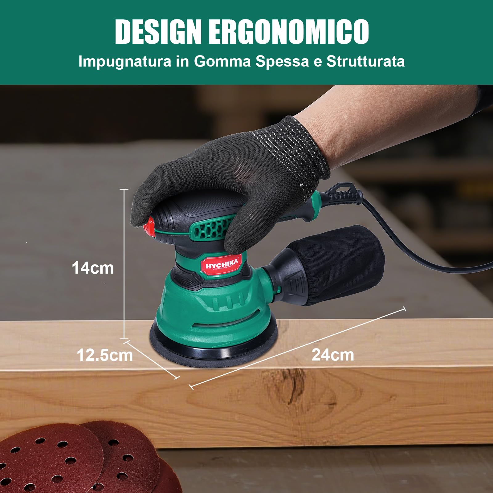 HYCHIKA Levigatrice Orbitale, 300W 12000OPM Levigatrice per Legno, 6 Velocità, con 16 Pezzi Dischi Abrasivi 125, Con Funzione di Frenata Rapida per Levigare e Lucidare il Legno