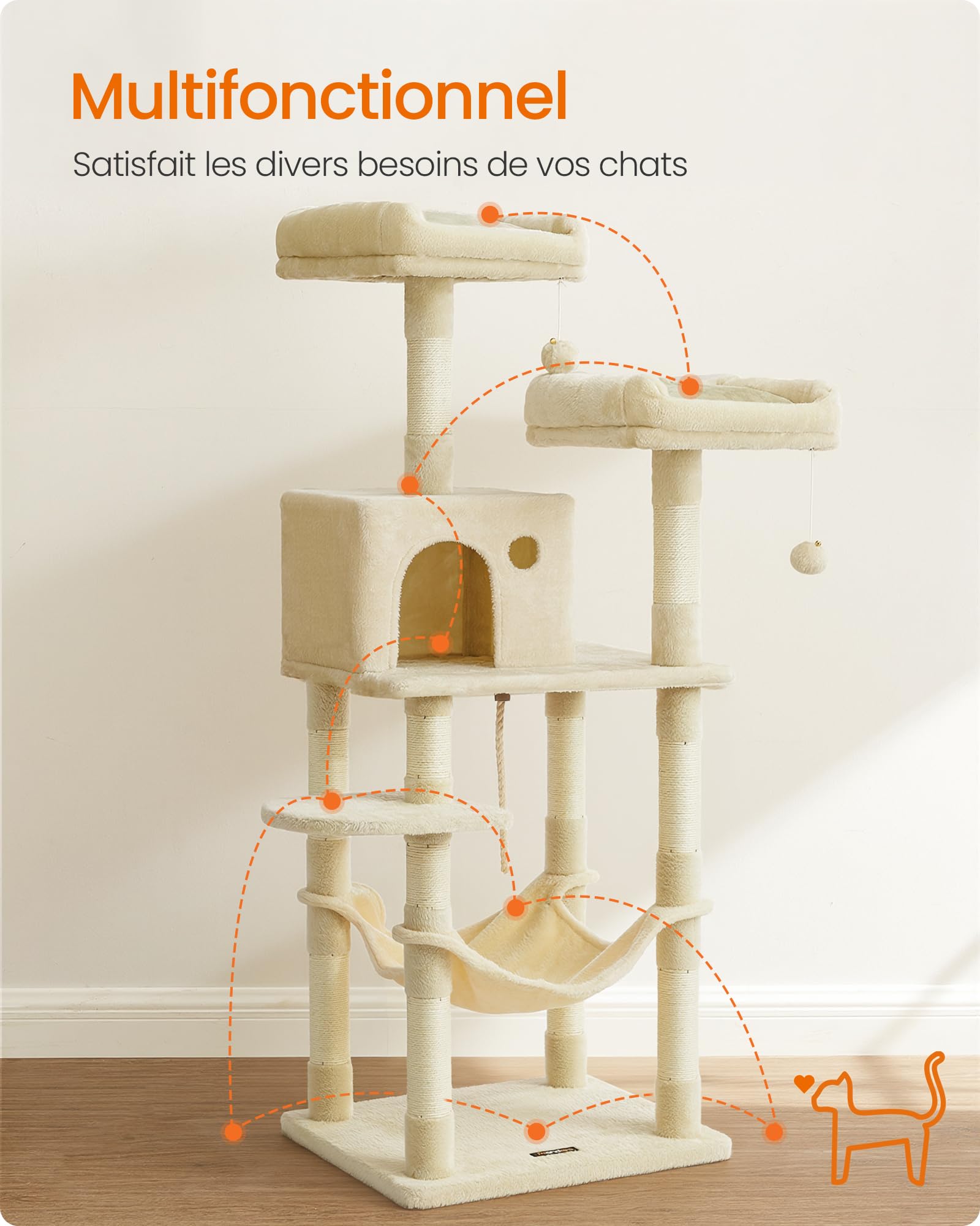 Feandrea Arbre à Chat Hauteur 143 cm, Tour de Jeux pour Chat, avec 11 Poteaux à Griffer, 2 Plateformes, 1 Niche, 1 Hamac, 2 Pompons, en Tissu Peluche, Plusieurs Niveaux, Beige PCT15BE
