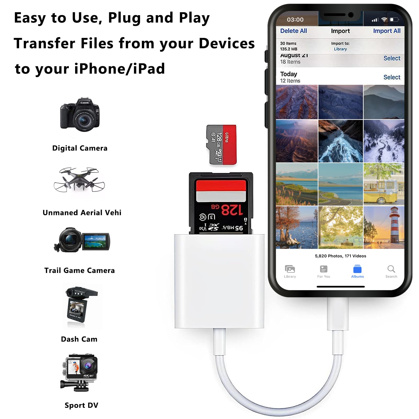 SD Card Reader for iPhone Lightning Camera Adapter Dual Slot Micro SD TF Memory Card Reader for iPad, white, (SD+TF) to Lightning - Image 4