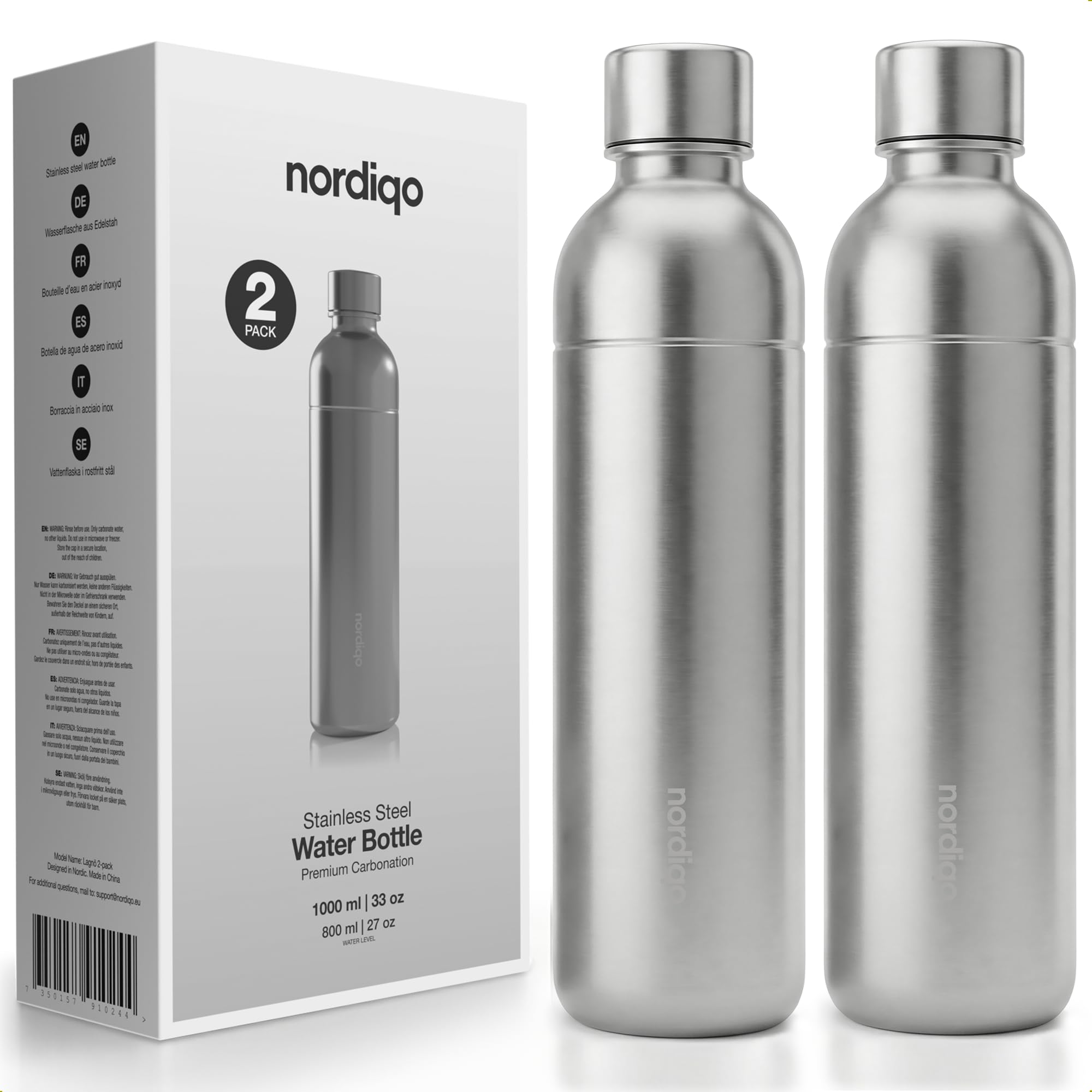 Bouteille Inox 1L | Compatible avec Aarke Carbonator 3, SodaStream Duo & Bouteilles Plastique | Pas pour Crystal & Jet | Sans date d'expiration | Sans plastique | 2x Inox